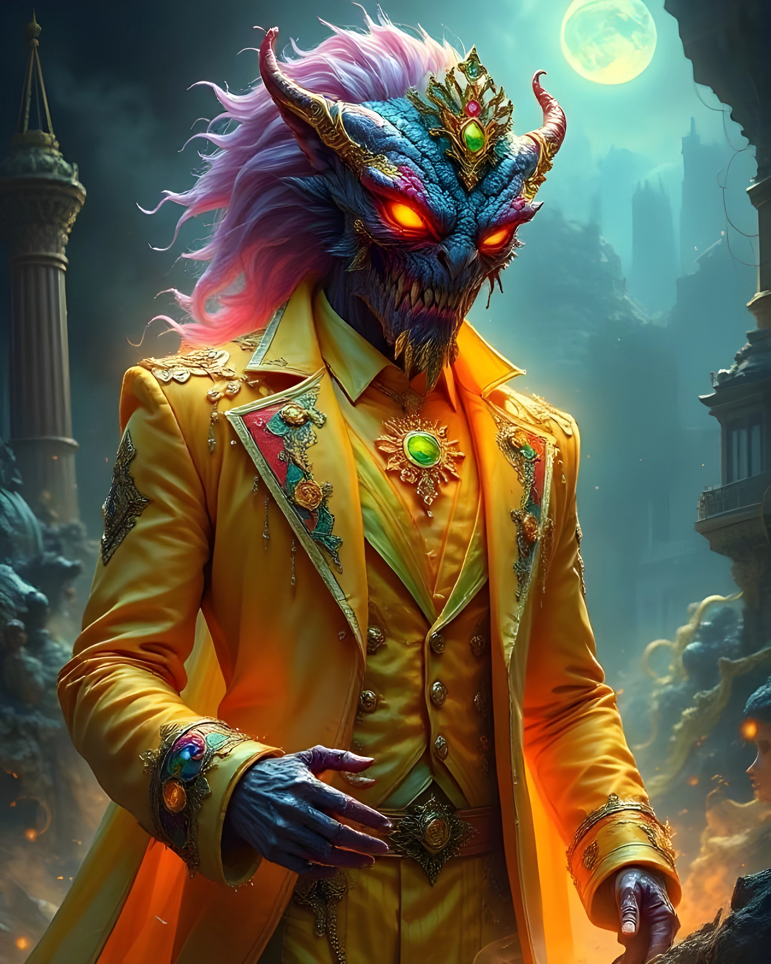 A fantastical character with a dragon-like head featuring glowing orange eyes and ornate horns, wearing a vibrant yellow coat adorned with intricate embellishments. The coat has colorful gems and decorations, while the character's hands are blue and clawed. The background includes a mystical, dimly lit setting with ruins and a full moon, creating an eerie atmosphere.