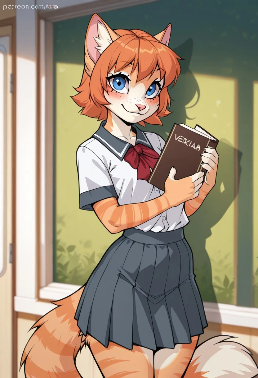 best quality, detailed, beautiful, veraIskra, orange hair, tabby cat, blue eyes, freckles, short hair, feline, female, furry, solo, 1girl, standing, smile, holding book, school uniform, skirt, shirt, looking at viewer