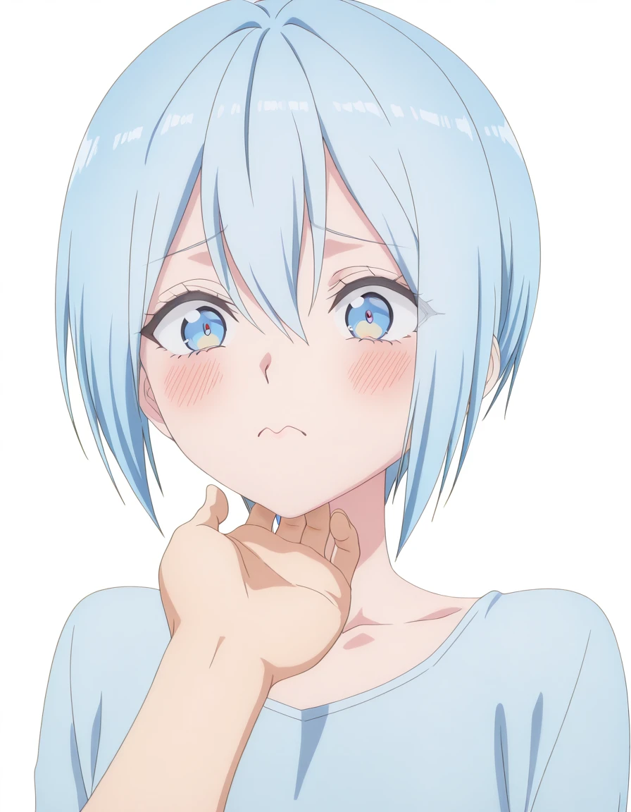 masterpiece, best quality, amazing quality,, <lora:dimensionalseduction-nonoa-s1-illustriousxl-lora-nochekaiser:1>, nonoa, short hair, blue eyes, blue hair, mature female, small breasts, anime screencap, <lora:stroking-anothers-chin-pov-illustriousxl-lora-nochekaiser:1>, stroking another's chin pov, stronking another's chin, pov, pov hands, blush, upper body, , <lora:transparent-background-illustriousxl-lora-nochekaiser:1>, transparent background, simple background, white background