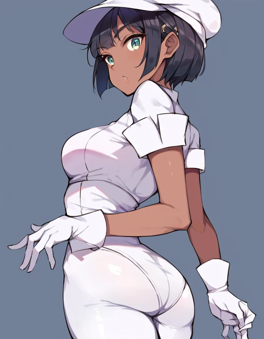 Masterpiece, Best quality, 1girll, ribbon, Halo, Blue eyes, 鎖骨, White ribbon, White gloves, Smile, Cross, Sweat, shirt, Collared shirt, Black hair, Short hair, Short sleeves, Pants,Large breasts, Blush, Hair ribbon, view the viewer, White shirt, mitts, (wavy mouth), Simple background,Pregnant belly, maternity attire for pregnant women，maternity dress，pregnant belly，Pregnant belly