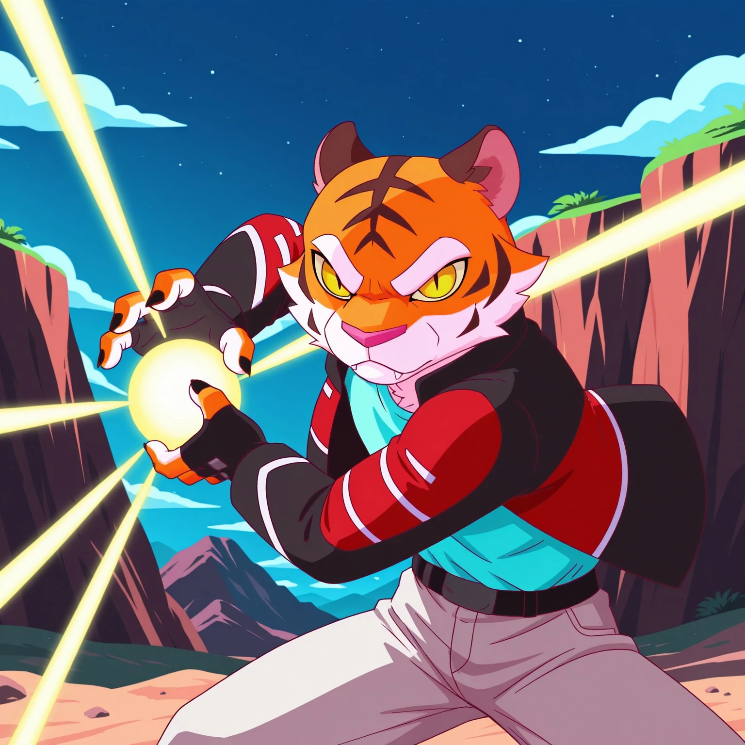 8k, uncensored, masterpiece, best quality, highly detailed, 1girl, solo, SableFF, furry female, anthro, felid, tiger, pink inner ear, cheek tuft, white eyebrows, yellow eyes, black pupils, slit pupils, pink nose, orange fur, black nails, , red and black jacket, multicolored jacket, light-blue shirt, black fingerless gloves, black belt, shirt tucked in, white pants, closed mouth, fangs, angry, (looking at viewer:1.4, standing, cliff, gravel, night sky, night sky, detailed background, front view, ((4 fingers, kamehameha, energy ball, aura, glowing energy, energy beams)), (front view), wide eyes