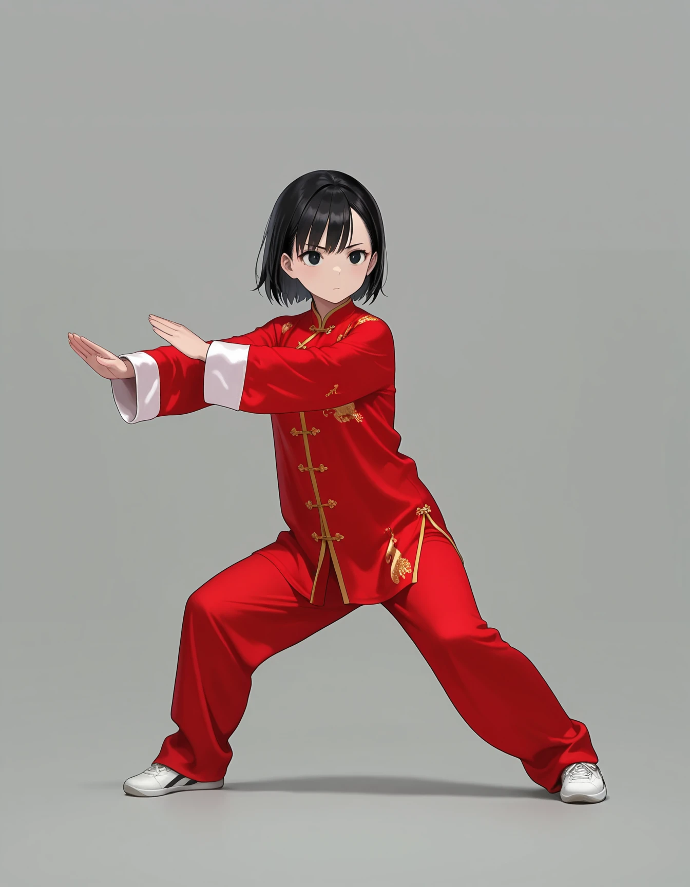 masterpiece,best quality,amazing quality,very aesthetic,high resolution,ultra detailed,perfect details,
1girl,black_eyes,black_hair,chinese_clothes,fighting_stance,full_body,grey_background,long_sleeves,pants,red_pants,red_shirt,shoes,short_hair,simple_background,sneakers,solo,standing,white_footwear,<lora:mai_pose_kf_1:1>,mai_pose_kf_1,