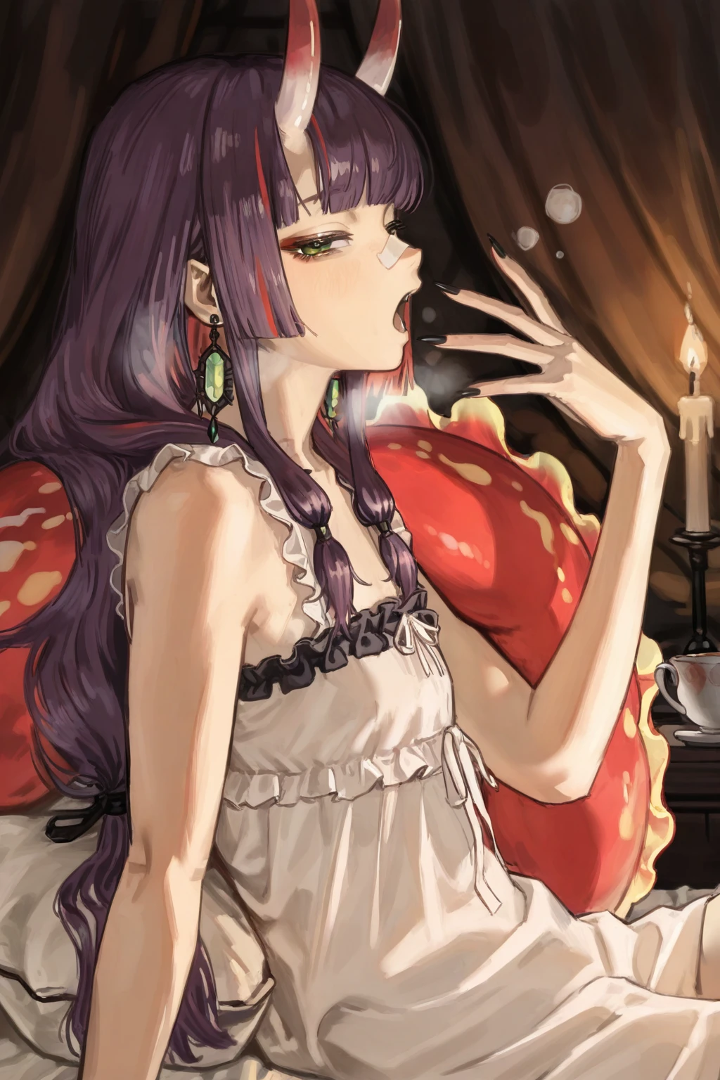 highres,absurdres,very awa,masterpiece,best quality,year 2024,newest,<lora:Solipsist-Style:1>,
\\,
1girl,solo,sea slug girl,slug girl,(long hair:1.3),blunt bangs,wine red hair,black streaked hair,long sidelocks,sidelocks,inverted bob,(low-tied long hair:1.3),green eyes,red horns,flat chest,red tail,huge tail,black nails,long nails,very long nails,bandaid on nose,earrings,black crystal earrings,
\\,
sleepy sister with teacup,lace-trimmed nightgown,yawning softly,cradling steaming cup,dim bedroom,candlelight glow,rumpled bedsheets,warm color palette,intimate close-up,1girl,solo,fingernails,long hair,sharp fingernails,horns,cup,tail,long fingernails,candle,low-tied long hair,earrings,jewelry,sitting,teacup,bandaid,from side,bandaid on face,profile,half-closed eyes,bare shoulders,black nails,looking at viewer,scales,bangs,white dress,red hair,nail polish,very long fingernails,purple hair,steam,nightgown,pillow,on bed,breath,very long hair,fire,breasts,underwear,bed,open mouth,oni horns,bare arms,sleeveless,bed sheet,