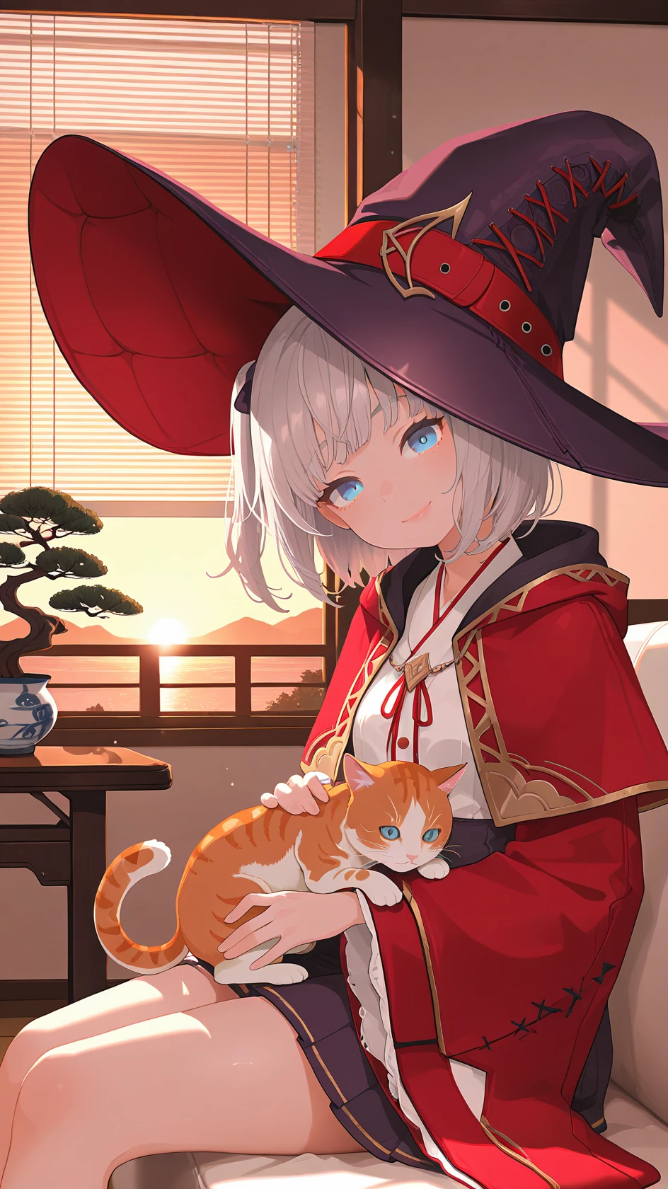 masterpiece, best quality, amazing quality,,newest, absurdres, highres,nsfw, ultra-detailed, stylized, nsfw,, light particles,
<lora:vestiMage ill2n-000030:0.8> ,1girl, , grey hair, blue eyes, short hair bangs, ,1girl, solo, hat, witch hat, bangs, grey hair, blue eyes, short hair, skirt, white shirt, wide sleeves, black headwear, pleated skirt, long sleeves, red capelet,
absurdres, 1girl, solo, glossy lips, , two side up, head tilt, smile, , petting cat, orange tabby cat in lap, sitting on sofa, looking at viewer, looking aside, from side, indoors, bonsai tree, end tables, relaxing, warm tone, ((sunlight through venetian blinds)), porcelain collection, fancy paintings, dawn, morning, sunrise, ambient light, soft light, comiks,fgg, no lineart, flat color,
, <lora:add-detail-xl:0.8>, <lora:illustrious_flat_color_v2:1>, masterpiece,best quality,amazing quality,