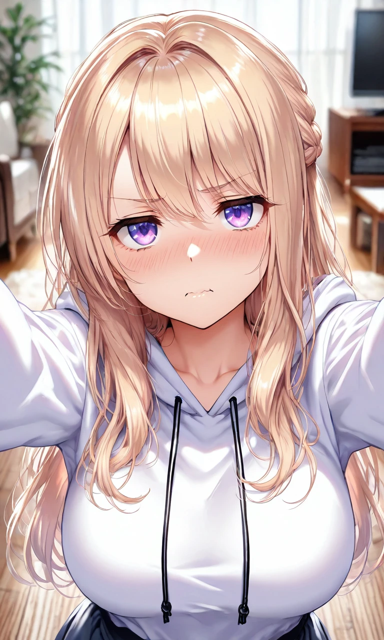 masterpiece, newest, absurdres, cute, lovely, (best quality:1.3), best quality, (amazing quality:1.3), very aesthetic, high resolution, 1girl, solo, purple eyes, high gradient eyes, wide waist, big breasts, sagging_breasts, blonde_and_yellow hair, long hair, multicolored hair, gradient hair, very cute, cute details, cute colors, skinny, seducing viewer, very excited, BREAK, petite, white hoodie, hood down, looking at viewer, (face close-up:1.2), living room, indoors, frown, jitome, wavy mouth, pout, open hands, outstretched arms