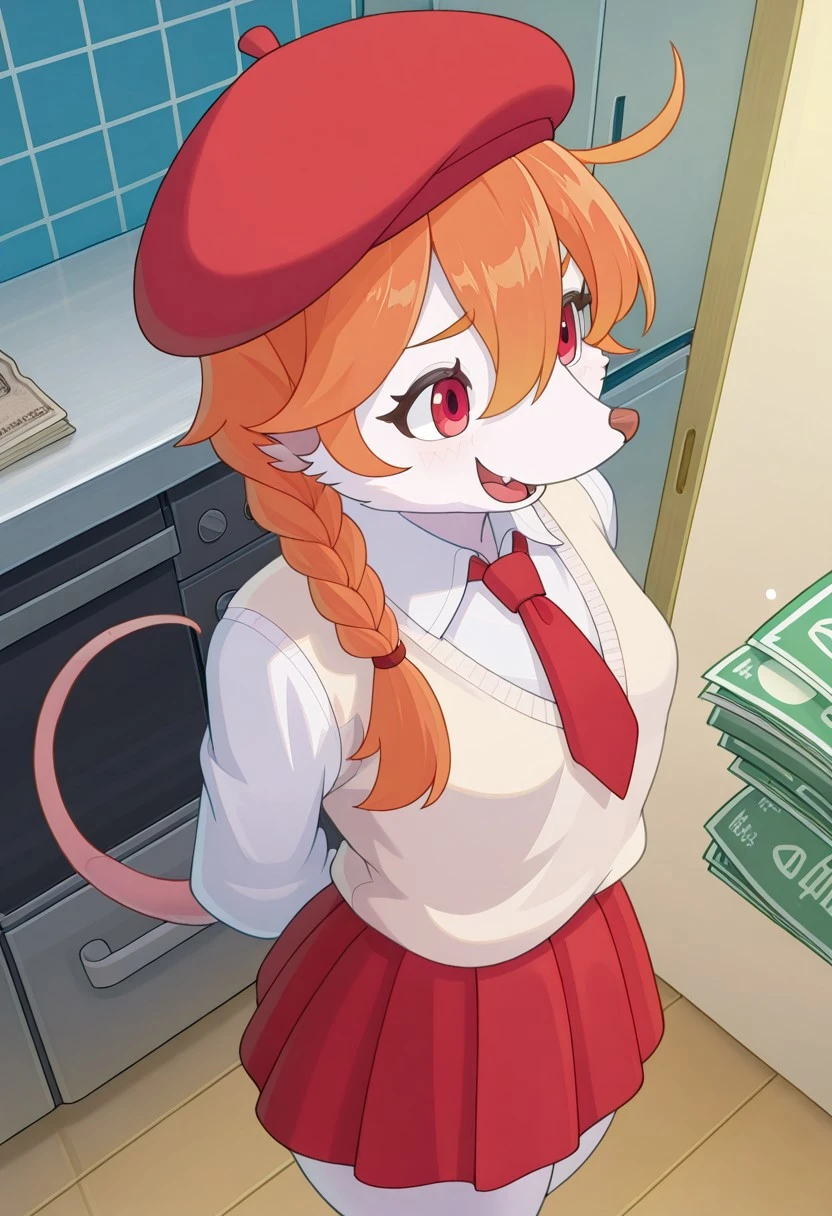 SkyKainIChooseYou, SkyKainIChooseYou, 1 girl, rat girl, anthro, solo, hair between eyes, orange hair, single braid, red eyes, TretchSkKain, rat tail, MiddleYellowRedFurTretch, VeryPaleOrangeUnderfurTretch, red eyes, TretchEars, TretchHair, DeepTaupeNoseTretch, small , shorty, short stack, beige sweater west, red tie, white shirt, red skirt, small beret on the side of her head, laughing throwing money at you, from above, indoors, kitchen,
SkyKainIChooseYou,
masterpiece, best quality, newest, absurdres, highres, ,amazing quality, (masterwork, masterpiece, best quality, hyper-detailed, 8k uhd::1.4),,high resolution,ultra-detailed,,, masterpiece, best quality, very aesthetic, detailed eyes, perfect eyes, realistic eyes,