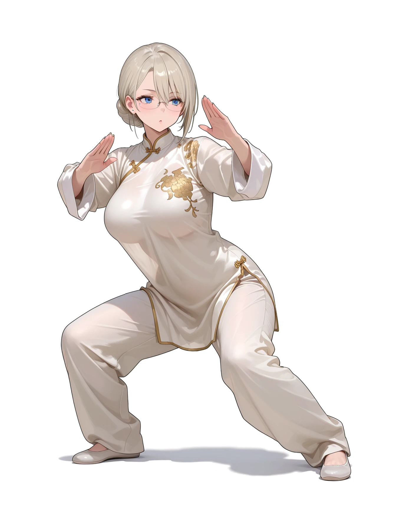 masterpiece,best quality,amazing quality,very aesthetic,high resolution,ultra detailed,perfect details,
simple background,white background,
1girl,solo,full body,chinese clothes,<lora:mai_pose_kf_1:1>,mai_pose_kf_1,fighting_stance,
mature female,short hair,platinum blonde hair,mole under eye,blue eyes,beautiful detailed eyes,larg breasts,oval face,glasses,<lora:748cmSDXL:0.5>,748cmstyle,<lora:AIã¤ã©ã¹ããããã:0.2>,