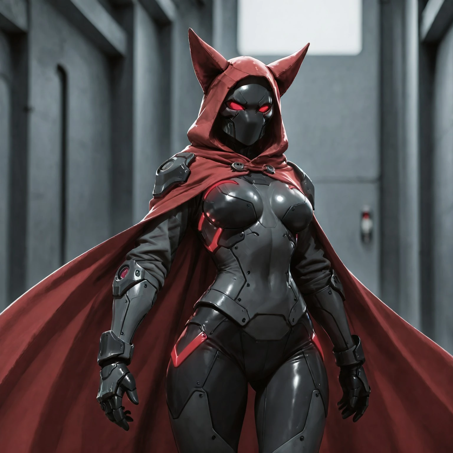SfEe,
masterpiece, perfect quality, best quality, amazing quality, newest, very aesthetic, hi res, absurd res, 2024, 4k, 8k, cowboy shot, cinematic, dynamic, 
solo, cloak, hood up, mask, red eyes, angry, mad, no mouth, mouthless, animal ears, scifi, science fiction,  futuristic armor, glowing trim, 