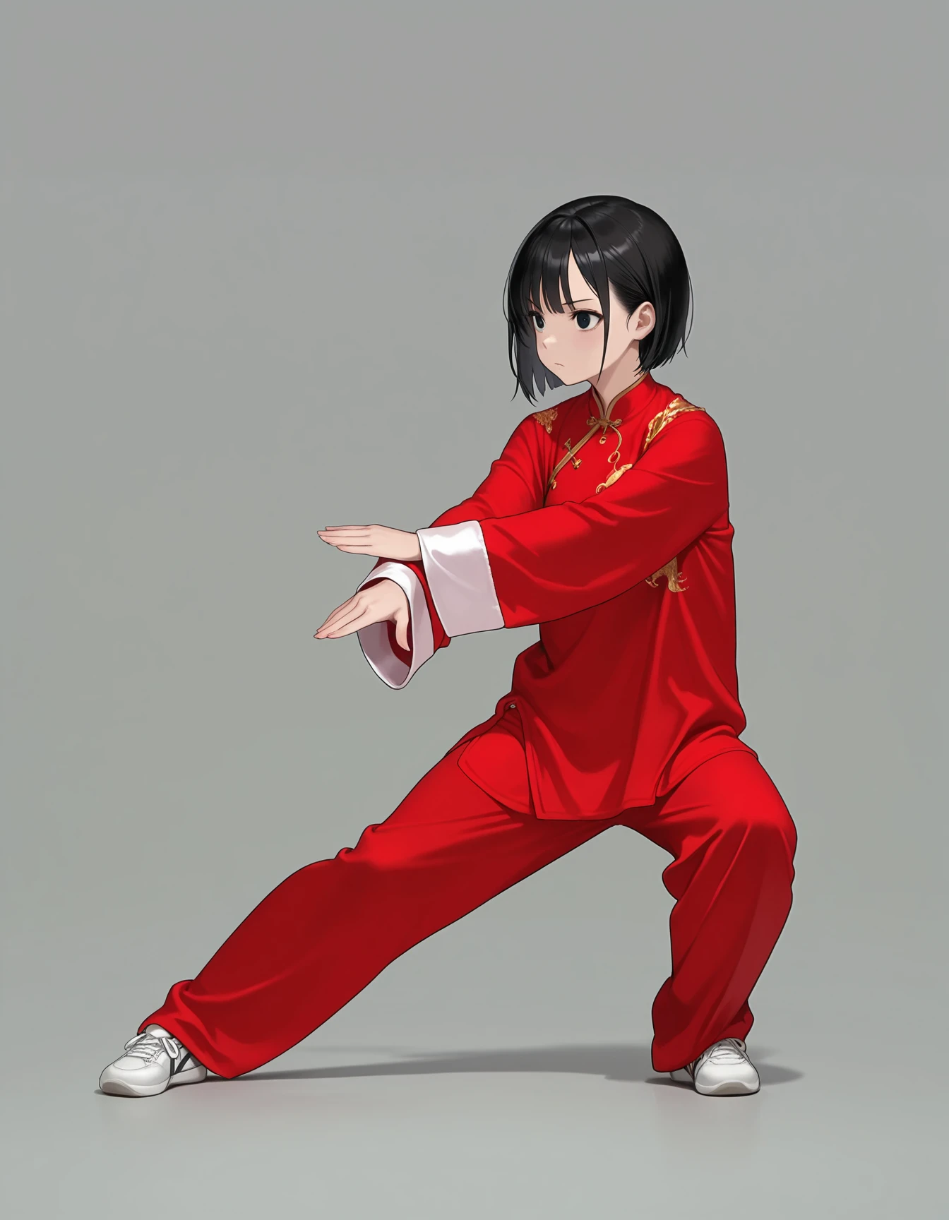 masterpiece,best quality,amazing quality,very aesthetic,high resolution,ultra detailed,perfect details,
1girl,black_eyes,black_hair,chinese_clothes,fighting_stance,full_body,grey_background,long_sleeves,pants,red_pants,red_shirt,shoes,short_hair,simple_background,sneakers,solo,standing,white_footwear,<lora:mai_pose_kf_1:1>,mai_pose_kf_1,