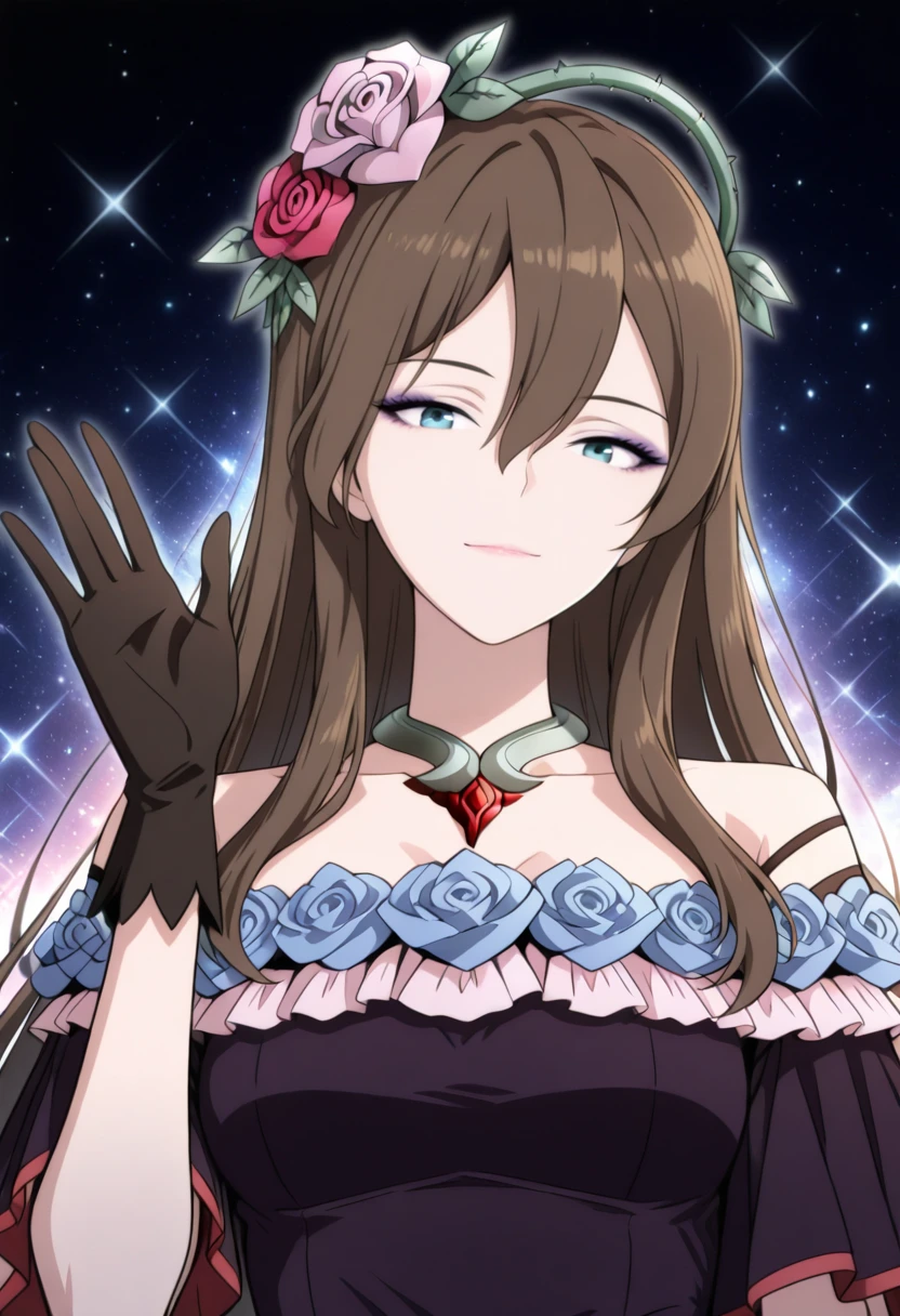 <lora:manhwaStyle-000020:0.8>,(waving at viewer:1.3),galaxy background,light particles,light smile,cosmic background,portrait,no building,facing viewer,<lora:rosetta:1>,1girl,brown hair,blue eyes,hair between eyes,| hair ornament,floral ornament,rose headpiece,| eyeshadow,makeup,| black gloves,| asymmetrical dress,off-shoulder dress,fantasy gown,high-low skirt,rose petal skirt,rose accents,ribbon accents,floral dress,dark red dress,purple dress,