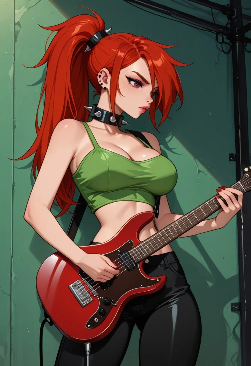 1girl, solo, Vicky, red hair, ponytail, long hair, Green micro crop top, black pants, midriff, spiked collar, playing guitar,
