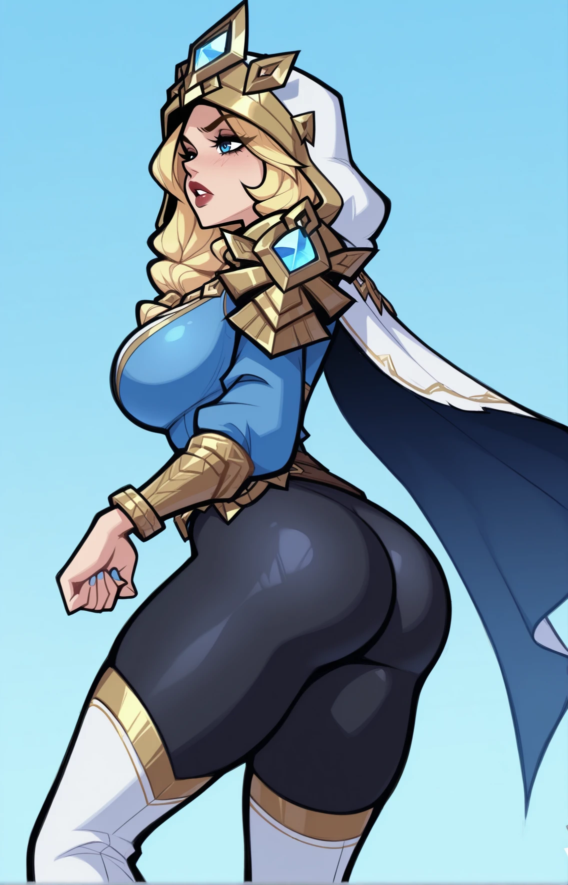 masterpiece, best quality, amazing quality, absurdres,
, , , , , hot, <lora:Freljord Ashe-e100_s1000:1> Freljord_Ashe, blonde hair, blue eyes, white hooded cloak, gold trim, golden crown, white and gold , single sleeve, golden arm guards, black pantyhose, white gloves, gold bracelets, blue tattos, white thigh-high boots,, dynamic pose, , <lora:necrodancerStyle_illustrious_byJaneB:1.2> necrodancerStyle,