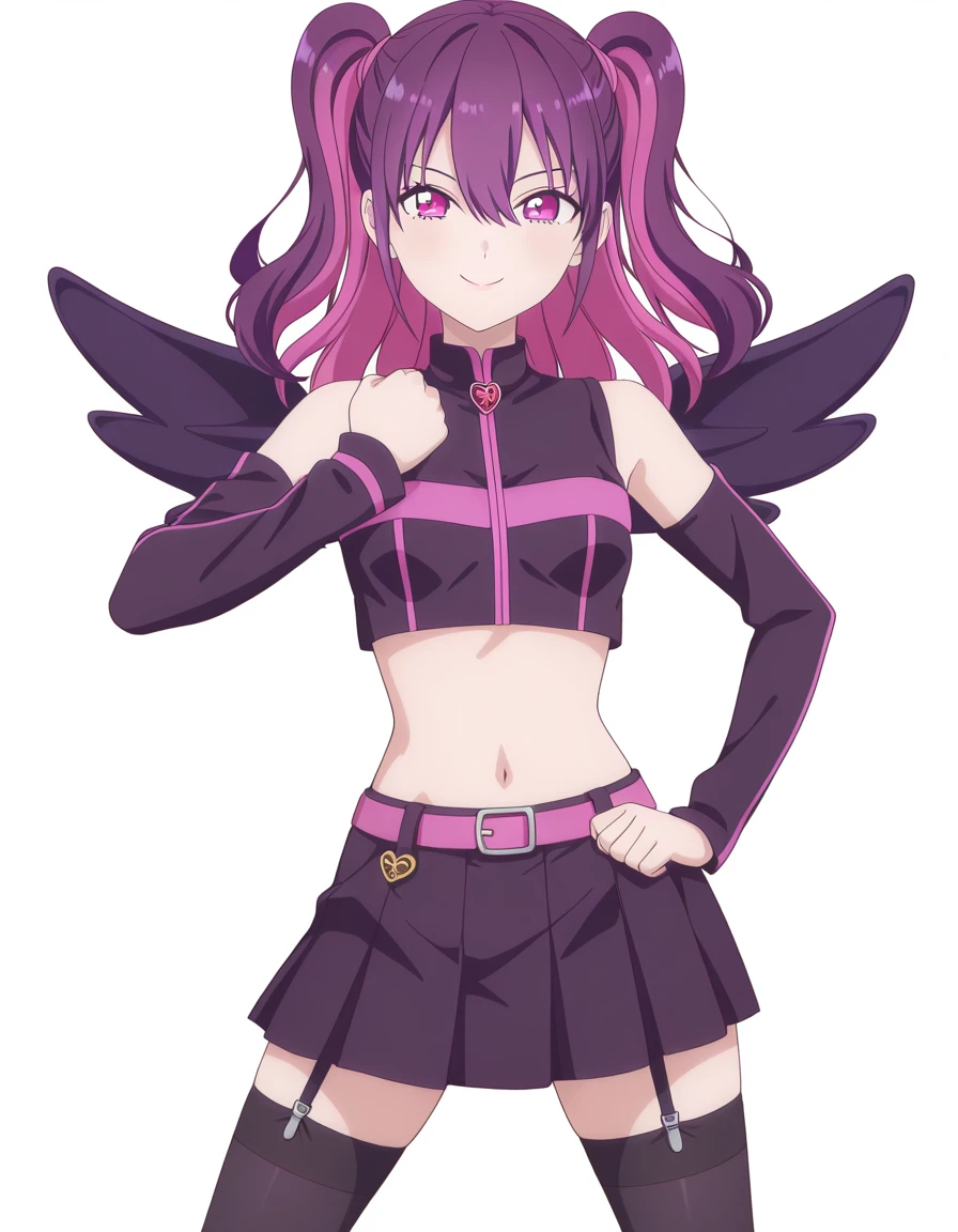 masterpiece, best quality, amazing quality,, <lora:mikari-tachibana-s1-illustriousxl-lora-nochekaiser:1>, mikari tachibana, long hair, bangs, hair between eyes, twintails, purple eyes, pink hair, purple hair, multicolored hair, two-tone hair, two side up, mature female, small breasts, anime screencap, skirt, shirt, thighhighs, pleated skirt, detached sleeves, wings, sleeveless, midriff, belt, black thighhighs, miniskirt, black skirt, zettai ryouiki, crop top, two side up, garter straps, black sleeves, pink belt, <lora:giorno-giovannas-pose-illustriousxl-lora-nochekaiser:1>, giorno giovannas pose, giorno giovanna's pose (jojo), jojo pose, hand up, clenched hand, hand on waist, smile, looking at viewer, cowboy shot,, backyard, barbecue, grilling, laughter, summer evening, cowboy shot, solo, looking at viewer, <lora:transparent-background-illustriousxl-lora-nochekaiser:1>, transparent background, simple background, white background