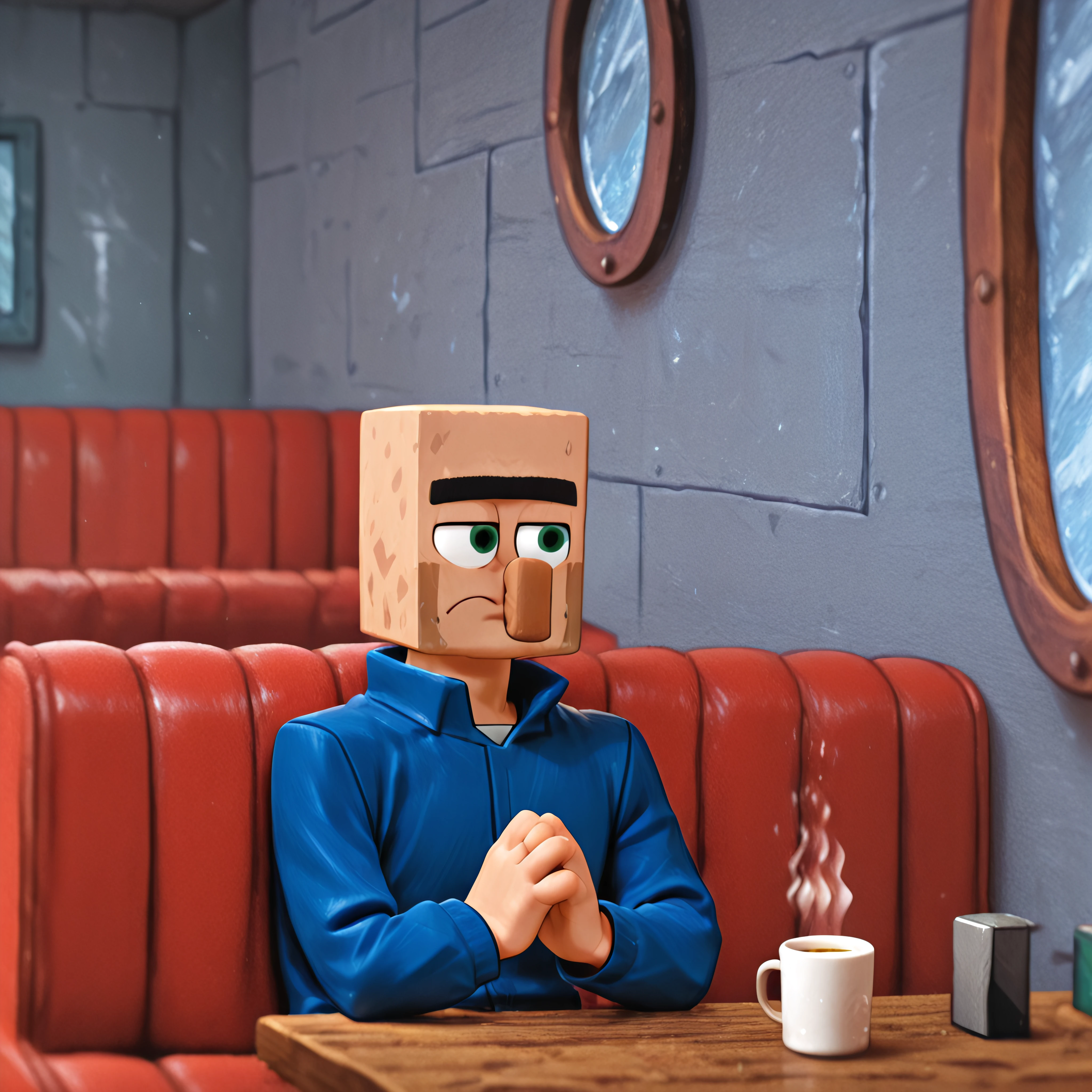 <lora:Minecraft_Villager_Illustrious:1>    (2024, best quality, masterpiece), Minecraft_Villager, long nose, (unibrow), male focus, 1boy   ## handsome face:1.5, human, ((no ears)), outside, ## uploaded on e621, (uploaded on e621) ## four fingers, hand visible, detailed hands  ## detailed face, (detailed face), detailed ears, detailed clothing, detailed body, (detailed body), detailed hair, detailed background ## <lora:SpongeBob_In_diner_Illustrious:1> sergey004-concept, sitting alone in an empty diner, looking ahead with a thoughtful and sad expression on his face, hands folded on the table in front of a cup of hot drink, red sofas are visible in the background, sitting, sitting on a red sofa, indoors ##,<lora:AddMicroDetails_Illustrious_v4:0.5>, addmicrodetails clothes, (addmicrodetails face, addmicrodetails eyes), character, , ,