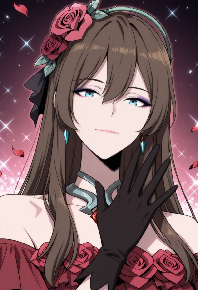 <lora:manhwaStyle-000020:1>,(waving at viewer:1.3),galaxy background,light particles,light smile,cosmic background,portrait,no building,facing viewer,<lora:rosetta:0.8>,1girl,brown hair,blue eyes,hair between eyes,| hair ornament,floral ornament,rose headpiece,| eyeshadow,makeup,| black gloves,| asymmetrical dress,off-shoulder dress,fantasy gown,high-low skirt,rose petal skirt,rose accents,ribbon accents,floral dress,dark red dress,purple dress,