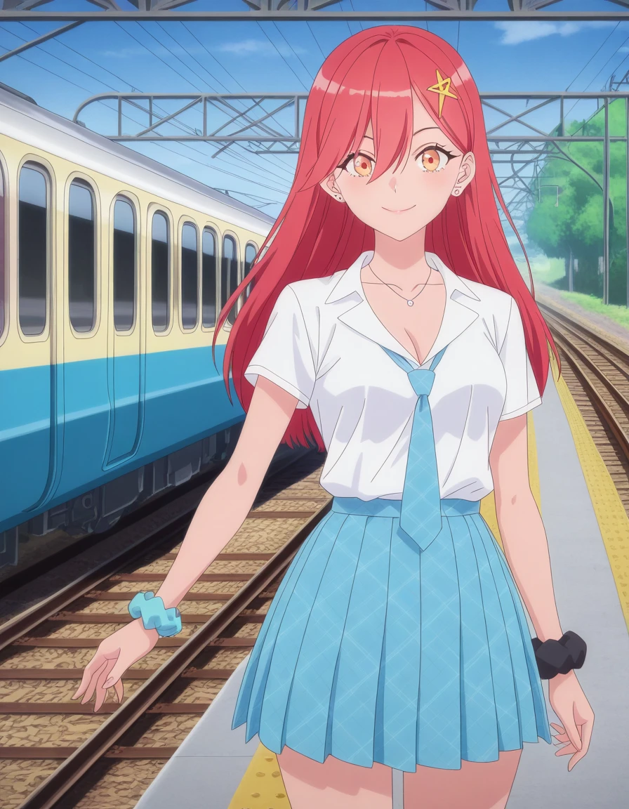 masterpiece, best quality, amazing quality,, <lora:aria-kisaki-s1-illustriousxl-lora-nochekaiser:1>, aria kisaki, long hair, hair ornament, red hair, mature female, medium breasts, anime screencap, skirt, shirt, cleavage, jewelry, collarbone, white shirt, short sleeves, pleated skirt, earrings, necktie, collared shirt, necklace, blue skirt, plaid, plaid skirt, scrunchie, blue necktie, wrist scrunchie, gyaru,, smile, railroad tracks, rails, train, journey, long, cowboy shot, solo, looking at viewer,