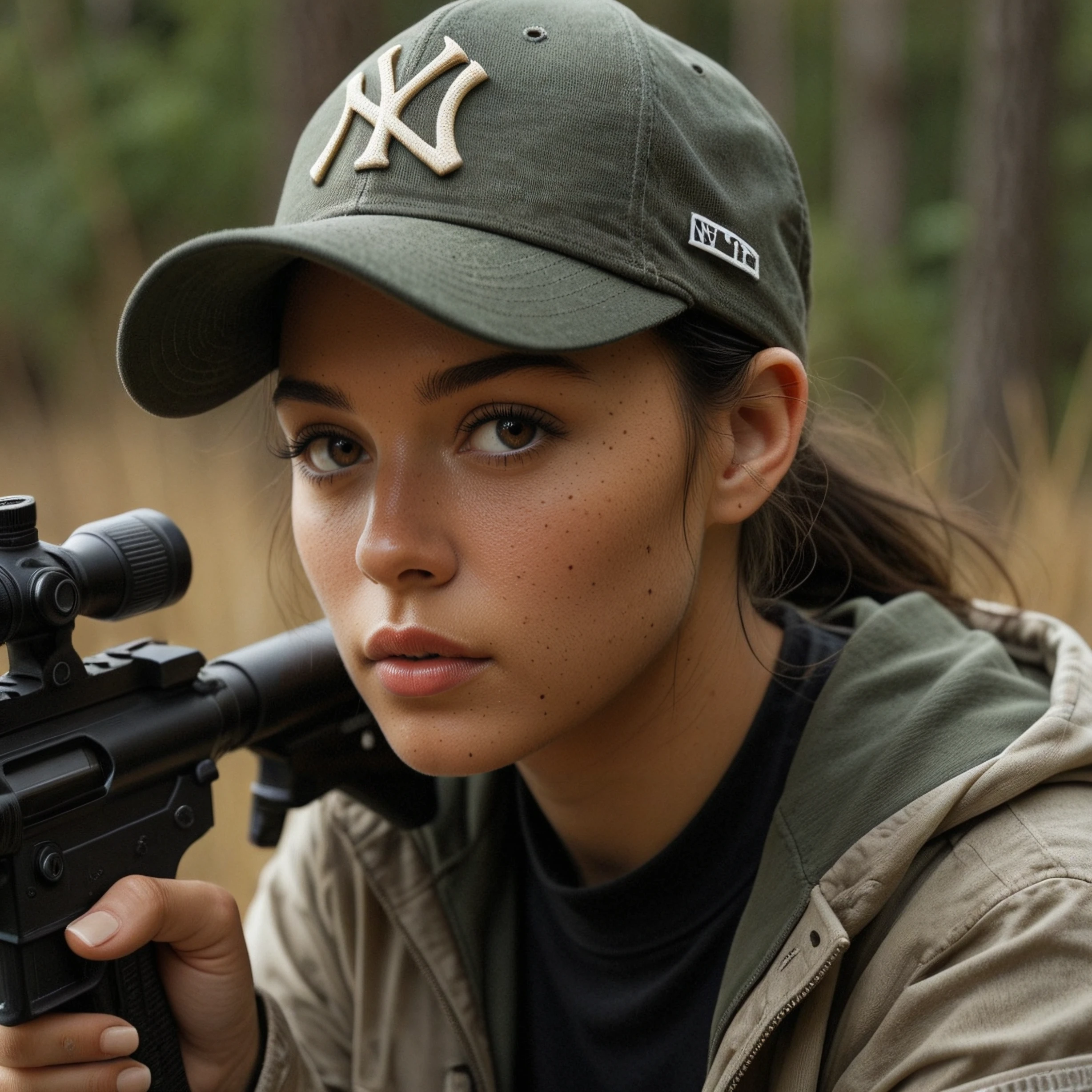 score_9, score_8_up, score_7_up, photo, photorealistic, detailed background, interesting background, high-resolution image, photorealism, best quality, intricate detail, sharp and focus, 8k
*
*
1girl
looking to the side, jacket, latina, cap, black hair, green headwear, parted lips, brown eyes, emblem, ponytail, solo, black shirt
aiming:2, (scope), rifle, (close-up:2.2), (ar-15)
*
<lora:Cinematic Hollywood Film:1> PONY HighQuality EMBEDDING PONY Photoreal EMBEDDING, <lora:PONY PonyXL Detail Slider 20to50 LORA:2>
<lora:XL Extremely Detailed LORA:0.7> <lora:XL Interesting Slider LORA:1> <lora:XL HD 4K Slider LORA:0.8> <lora:XL Dark Chiaroscuro LORA:0.1> <lora:IL Yankees_Cap v2 LORA:1> <lora:PONY Skin Color Slider LORA:0.5>, <lora:XL DMD dmd2_sdxl_4step_lora_fp16 LORA:0.25> <lora:PONY Amateur Slider 0to50 LORA:3.1>