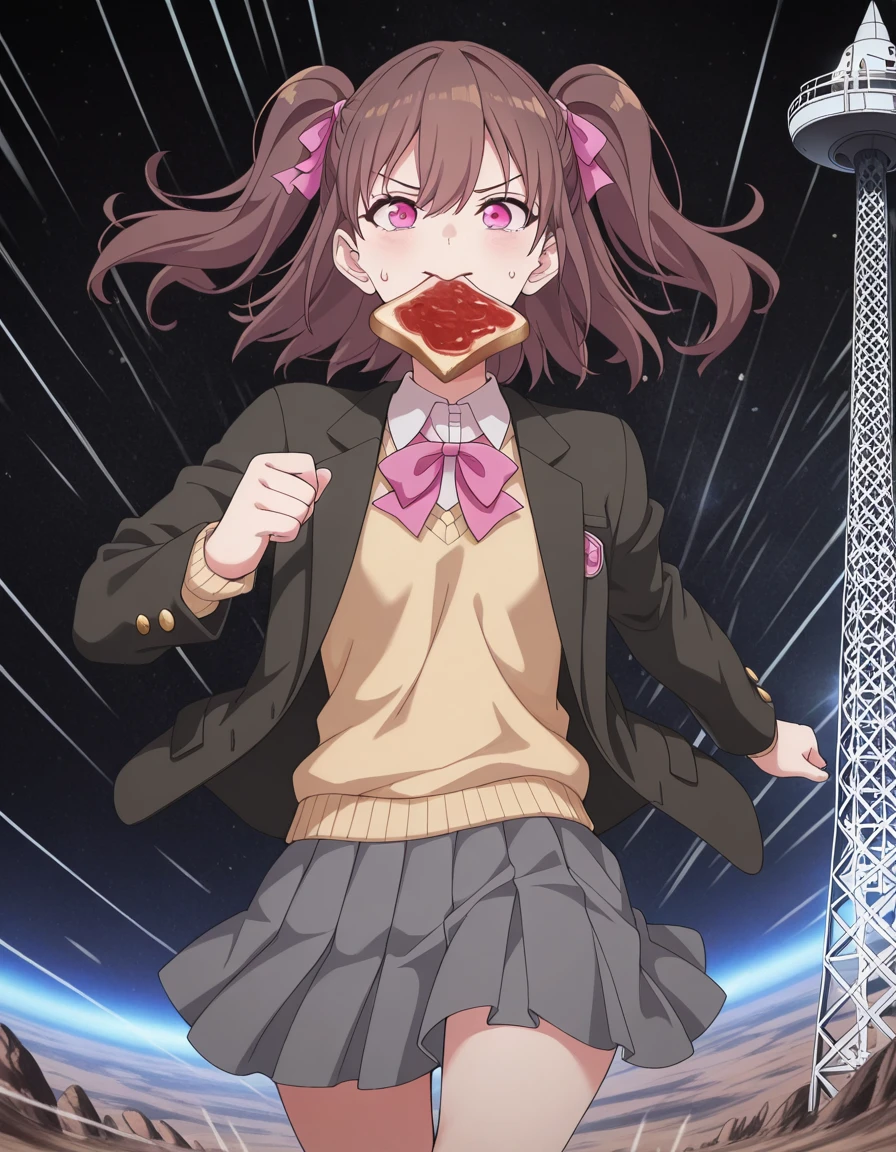 masterpiece, best quality, amazing quality,, <lora:mikari-tachibana-s1-illustriousxl-lora-nochekaiser:1>, mikari tachibana, brown hair, twintails, hair ribbon, two side up, pink eyes, mature female, small breasts, anime screencap, skirt, bow, jacket, pleated skirt, blazer, grey skirt, black blazer, sweater vest, collared shirt,, <lora:food-in-mouth-running-illustriousxl-lora-nochekaiser:1>, food in mouth running, food in mouth, running, bread, bread slice, food, toast in mouth, toast, sweatdrop, motion lines, motion blur, outdoors, feet out of frame, straight-on, space elevator, tall, space, futuristic, technology, cowboy shot, solo, looking at viewer,