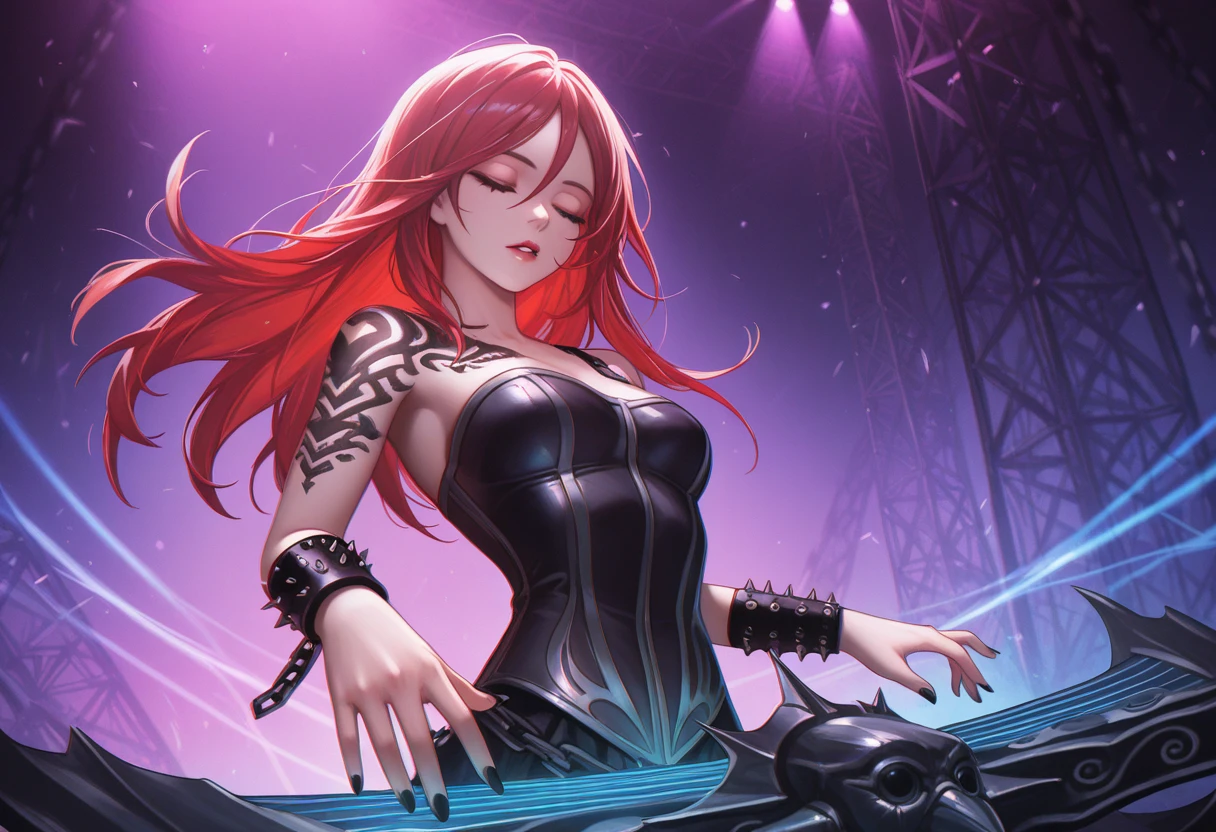 Create a striking female anime character dressed in a demon-themed costume with a vibrant EDM twist. Her outfit should feature edgy, dark elements like sharp horns, sleek armor, and flowing, ethereal fabrics that have glowing, neon accents. Incorporate demonic motifs such as intricate patterns, fiery symbols, and otherworldly textures. She stands behind a high-tech DJ table, which is designed with neon lights, holographic displays, and pulsating visual effects that match the rhythm of the EDM beats. Her hair should be wild and dramatic, with vivid colors and light-up strands that reflect the electrifying atmosphere. Capture the blend of dark, infernal aesthetics with the high-energy, dazzling world of electronic dance music.