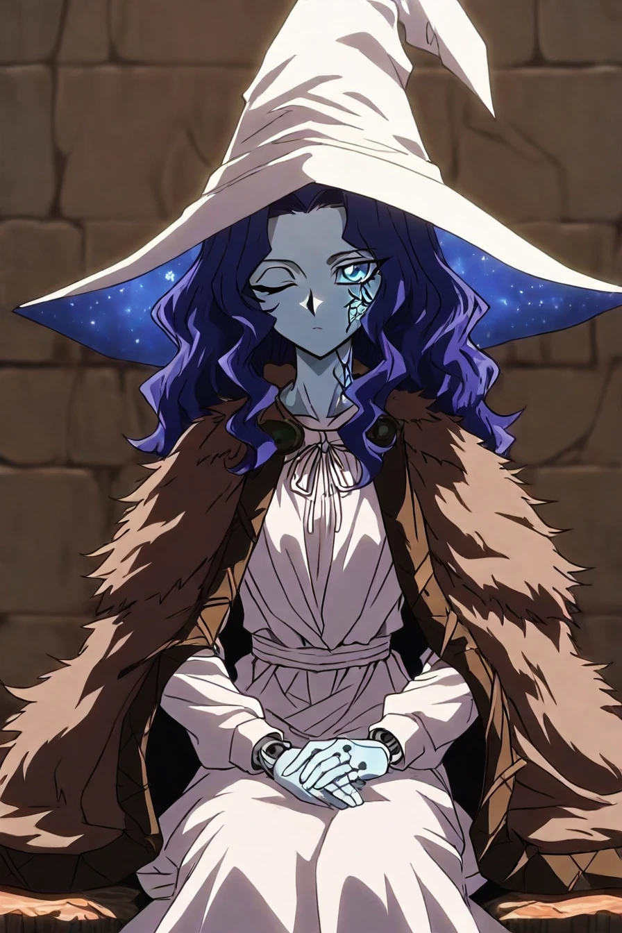 <lora:Ranni_illusXLNoobAI_Incrs_v1:0.4> RnnDef, blue eyes, one eye closed, blue hair, wavy hair, blue skin, colored skin, cracked skin, doll joints, witch hat, large hat, white headwear, white dress, long sleeves, fur cloak, brown cloak, 1girl, solo, alone, <lora:yu_gi_oh_style_illustriousXL-000015:1>, yugioh_style, masterpiece, highres