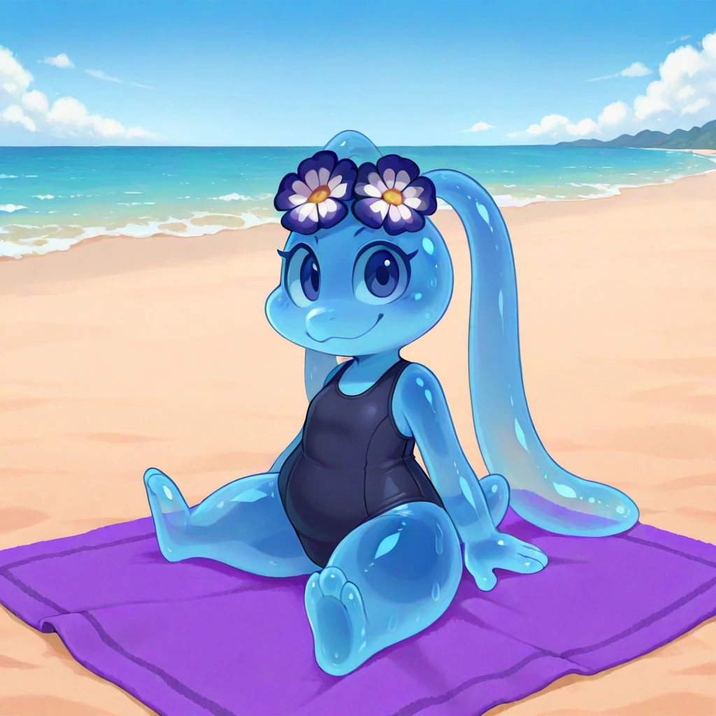 Cress(FV), Solo, 1girl, semi-anthro, slime girl, blue body, Translucent body, tail, long ears, dark blue eyes, flower head ornament, black one-piece swimsuit, shortstack, full body, looking at viewer, sitting on towel, smile, sunny, beach background, ocean view,