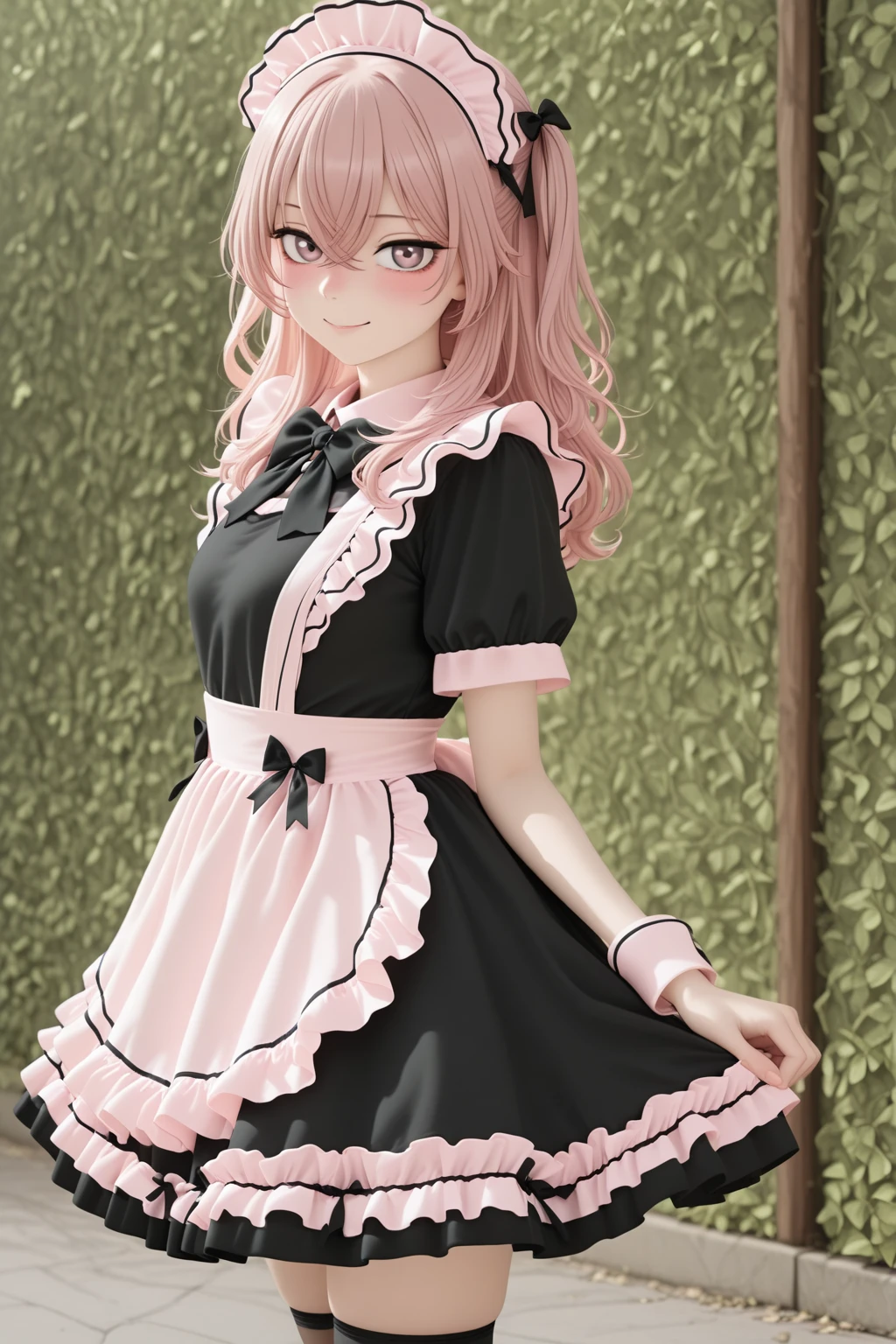 masterpiece, best quality, amazing quality, 1girl, solo, makeup, general, cowboy shot, looking at viewer, blush, smile, outdoors, fancy, blush, lovely, looking at viewer, from side, <lora:sajuna-inui-s1-illustriousxl-lora-nochekaiser:0.8>, sajuna inui, inui sajuna, long hair, bangs, hair ornament, hair between eyes, pink hair, pink eyes, two side up, crossed bangs, mature female, small breasts, <lora:Cute_Bow_Ruffles_Apron_French_Maid_Dress:1>, Cute_Bow_Ruffles_Apron_French_Maid_Dress, dress, bow, ribbon, short sleeves, frills, bowtie, black dress, apron, maid, black bow, frilled dress, maid apron, frilled apron, black bowtie, maid headdress, wrist cuffs, thighhighs, <lora:wai-2Rectified-V140:1>, <lora:illustrious_noobai_epsilon_pred_1_masterpieces_v1:1>