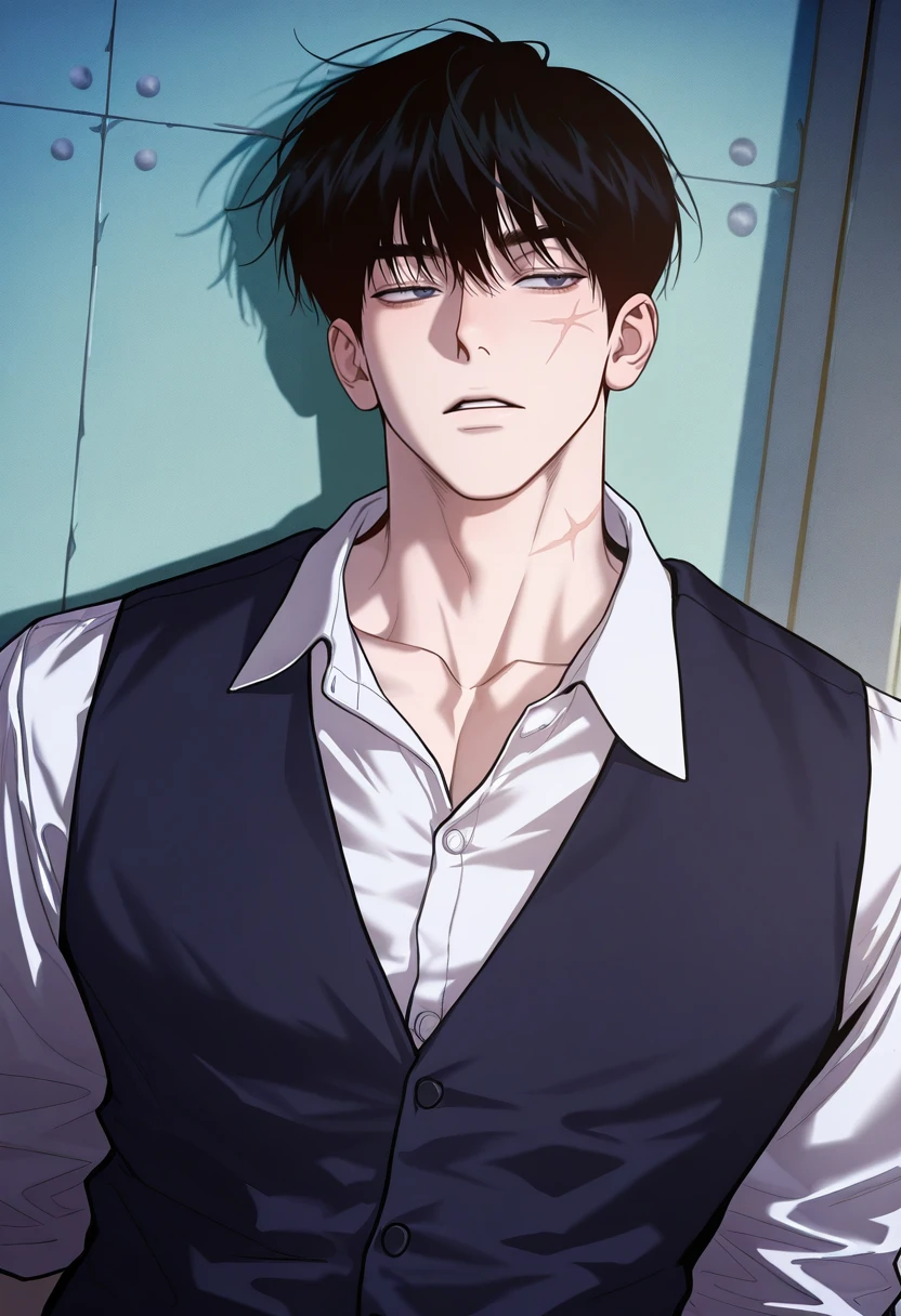 masterpiece, best quality, amazing quality, very aesthetic, high resolution, ultra-detailed, absurdres, newest, colorful, highest detailed , , , 1boy, solo, male focus, , <lora:male_typeA:0.85>, maleT, male_typeD, black hair, scar, collared shirt, vest, parted lips, jacket, dynamic angle, collarbone