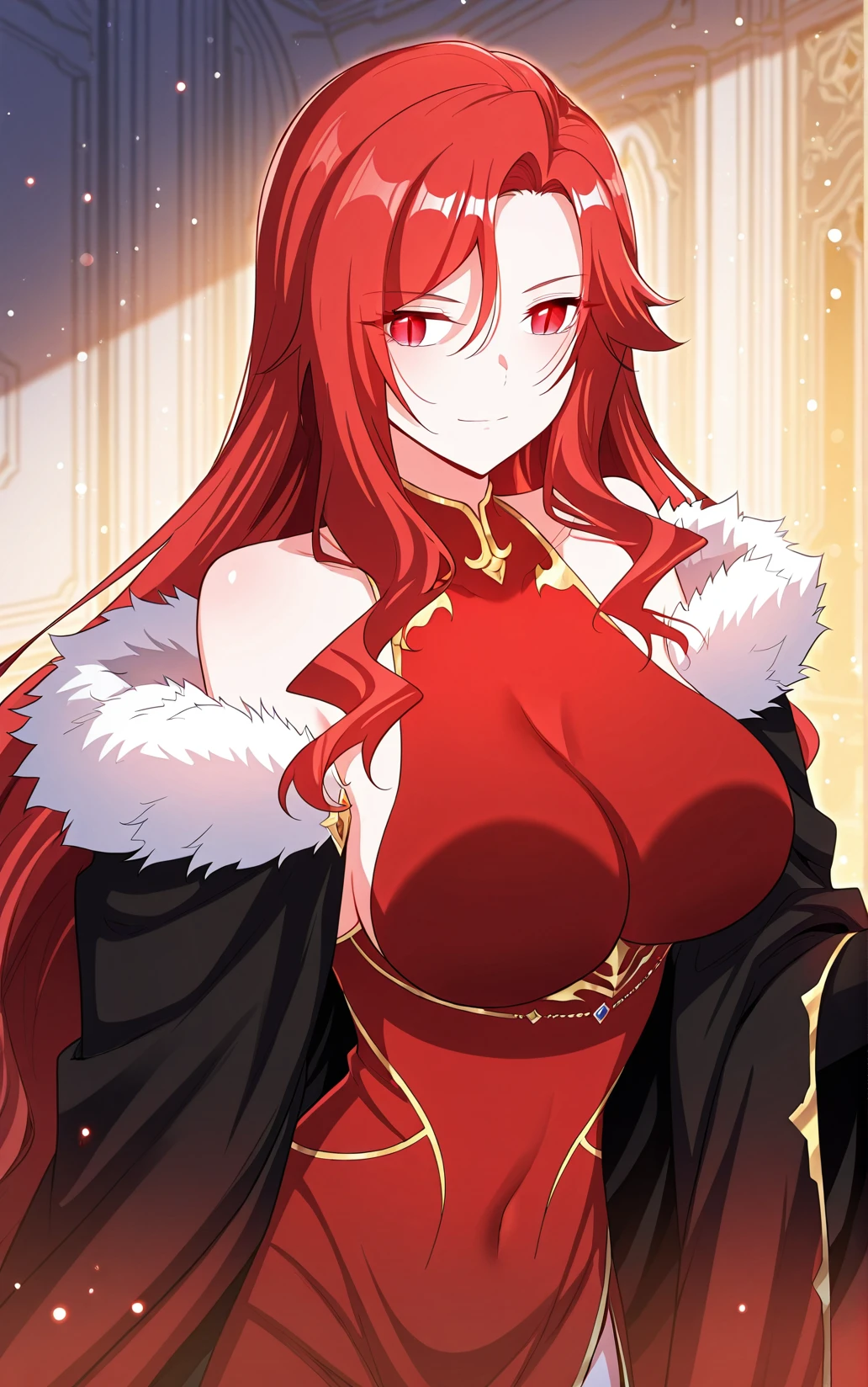 anime illustrated、Fantasia、A lewd female knight with orange hair、The long-haired、dirty black cloak、Stroll through the snow-covered castle ruins、White costume、Ethnic patterns、Red and blue two-tone innerwear、Leotard、1 persons、Colossal tits、Plump body、seminude、Close-up of people、Luxurious embroidery