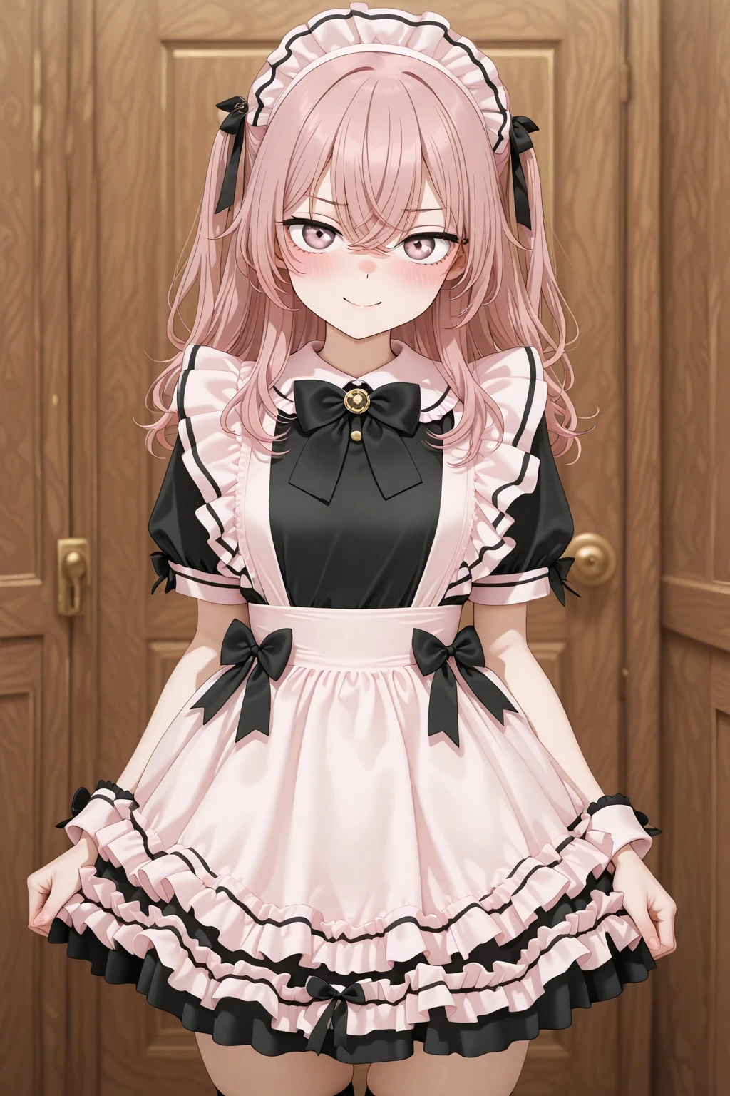 masterpiece, best quality, amazing quality, 1girl, solo, makeup, general, cowboy shot, looking at viewer, blush, smile, boutique, indoors, fancy, blush, lovely, looking at viewer, <lora:sajuna-inui-s1-illustriousxl-lora-nochekaiser:0.8>, sajuna inui, inui sajuna, long hair, bangs, hair ornament, hair between eyes, pink hair, pink eyes, two side up, crossed bangs, mature female, small breasts, <lora:Cute_Bow_Ruffles_Apron_French_Maid_Dress:1>, Cute_Bow_Ruffles_Apron_French_Maid_Dress, dress, bow, ribbon, short sleeves, frills, bowtie, black dress, apron, maid, black bow, frilled dress, maid apron, frilled apron, black bowtie, maid headdress, wrist cuffs, thighhighs, <lora:wai-2Rectified-V140:1>, <lora:illustrious_noobai_epsilon_pred_1_masterpieces_v1:1>