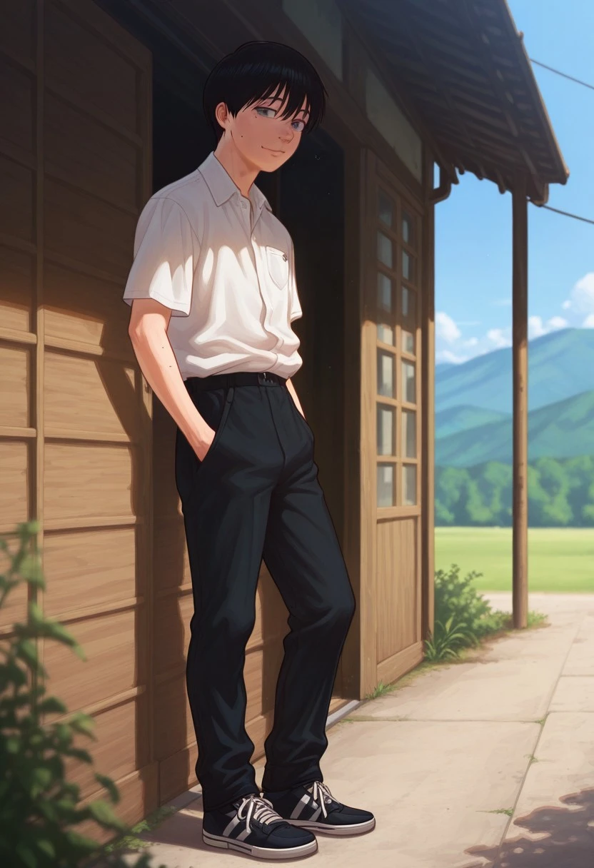 masterpiece, high quality, best quality, amazing quality, very aesthetic, absurdres, ultra-detailed, extremely detailed, realistic, volumetric lighting, (male focus, male only), day, depth of field, JackDraws, solo,
1boy, Black Hair, Grey Eyes, Mole, White Shirt, Short Sleeve, Black Pants, Black and White Shoes, slight smile, gloomy expression, masterpiece, best quality, amazing quality, very aesthetic, absurdres, newest, very awa, photo-realistic detail, atmosphere focused, expressive lighting