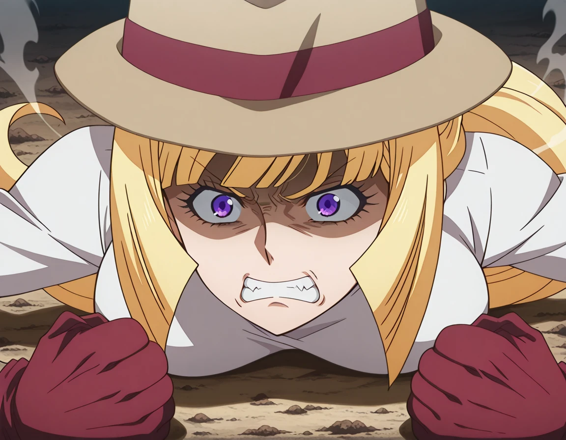 masterpiece, best quality, amazing quality,, <lora:kudelia-aina-bernstein-anime-illustriousxl-lora-nochekaiser:1>, kudelia aina bernstein, purple eyes, long hair, blonde hair, bangs, blunt bangs, sidelocks, mature female, medium breasts, anime screencap, <lora:joseph-joestar-son-of-a-bitch-illustriousxl-lora-nochekaiser:1>, joseph joestar son of a bitch, solo, gloves, hat, teeth, clenched teeth, meme, shaded face, angry, clenched fists, fedora, on floor, dirt, steam,, , ,