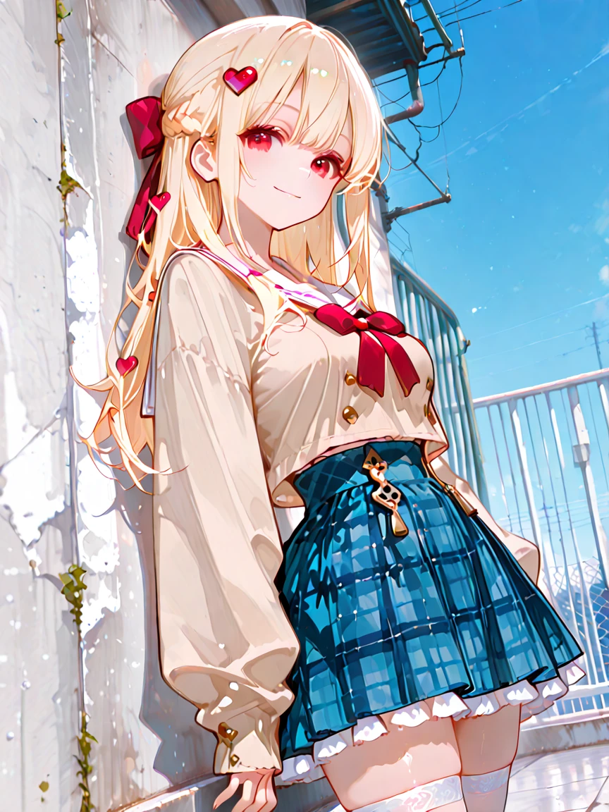 1girl, solo, low angle front view, looking at viewer,
detailed background, intricate scenery, upper body,
detailed and delicate, whimsical and dreamy,
gentle and innocent expression, intricate and ornate, elegant and charming, , blonde hair, red eyes, half updo, long hair, smile,
flannel skirt, pleated white and blue skirt, white thighhighs,sleeves past wrists,hair bow,long sleeves,beige blouse,red bow, heart hair ornament, heart hair ornament, zettai ryouiki ,white sailor collar,white frilled skirt, school rooftop, white concrete floor, blue sky, white railing,
leaning against wall, sankakuzuwari,
masterpiece, good quality, very aesthetic, absurdres, newest,