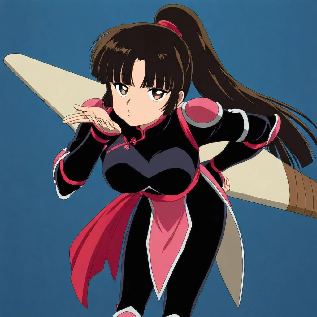 1 girl,(solo), ((Sango, bodysuit)), (masterpiece:1.2), (high quality:1.0),looking at viewer, (ultra detailed), (Smug Grin), Brat, Adolescent, (Skirt Lift), (sxspnts), (Black String Panty), Black Panty, Thicc