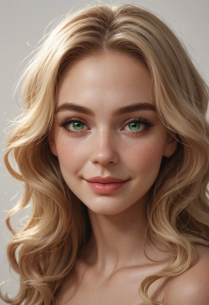 score_9, score_8_up, score_7_up, BREAK 1girl, close-up, portrait, captivating gaze, emerald green eyes, long wavy blonde hair, smooth and flawless porcelain skin, symmetrical features, soft blush on cheeks, small and well-defined nose, full and glossy pink lips, slightly parted, long eyelashes, arched eyebrows, delicate jawline, subtle and natural makeup, charming and inviting smile, realistic lighting, high detail, simple background