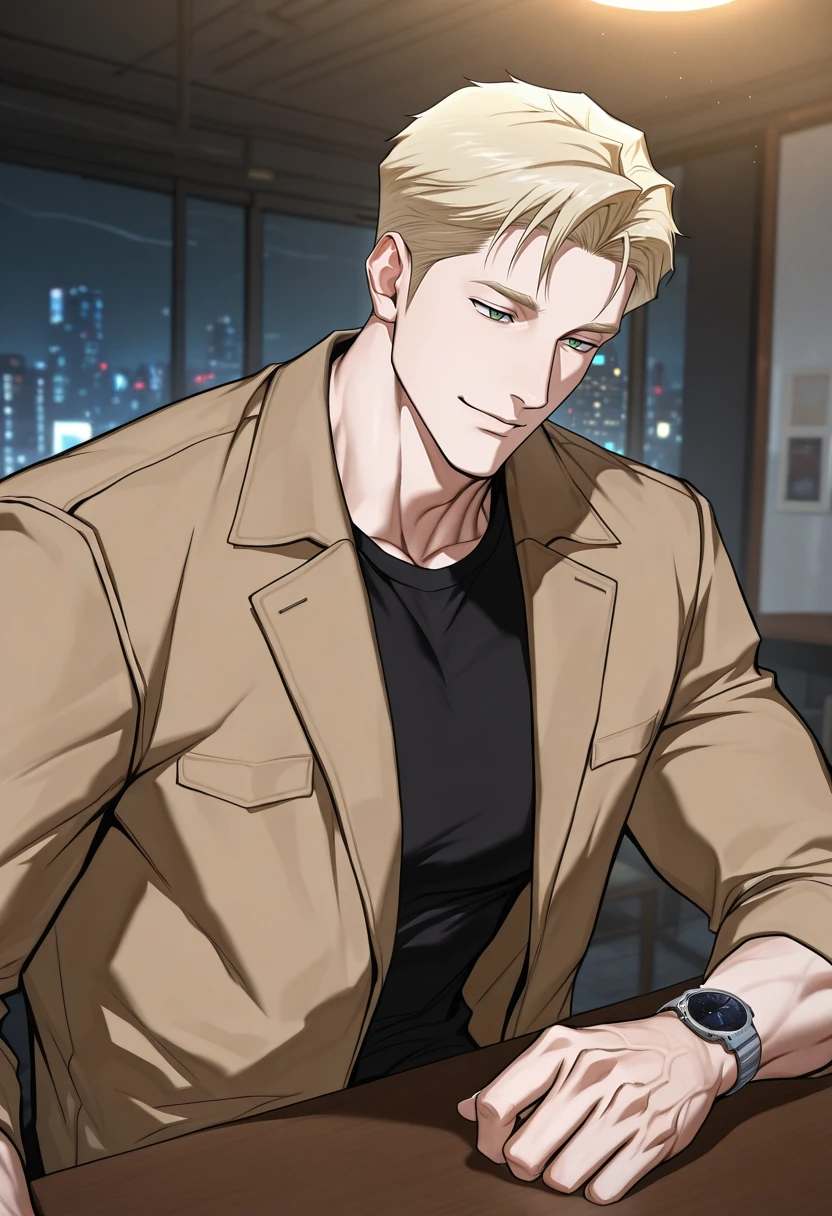 masterpiece, best quality, amazing quality, very aesthetic, high resolution, ultra-detailed, absurdres, scenery, dynamic angle, cinematic lighting, official style , , , 1boy, solo, male focus, , <lora:male_typeA:0.90>, maleT, male_typeB, shirt, blonde hair, green eyes, black shirt, wristwatch, jacket, solo, indoors, sitting, upper body, table, brown jacket, smile