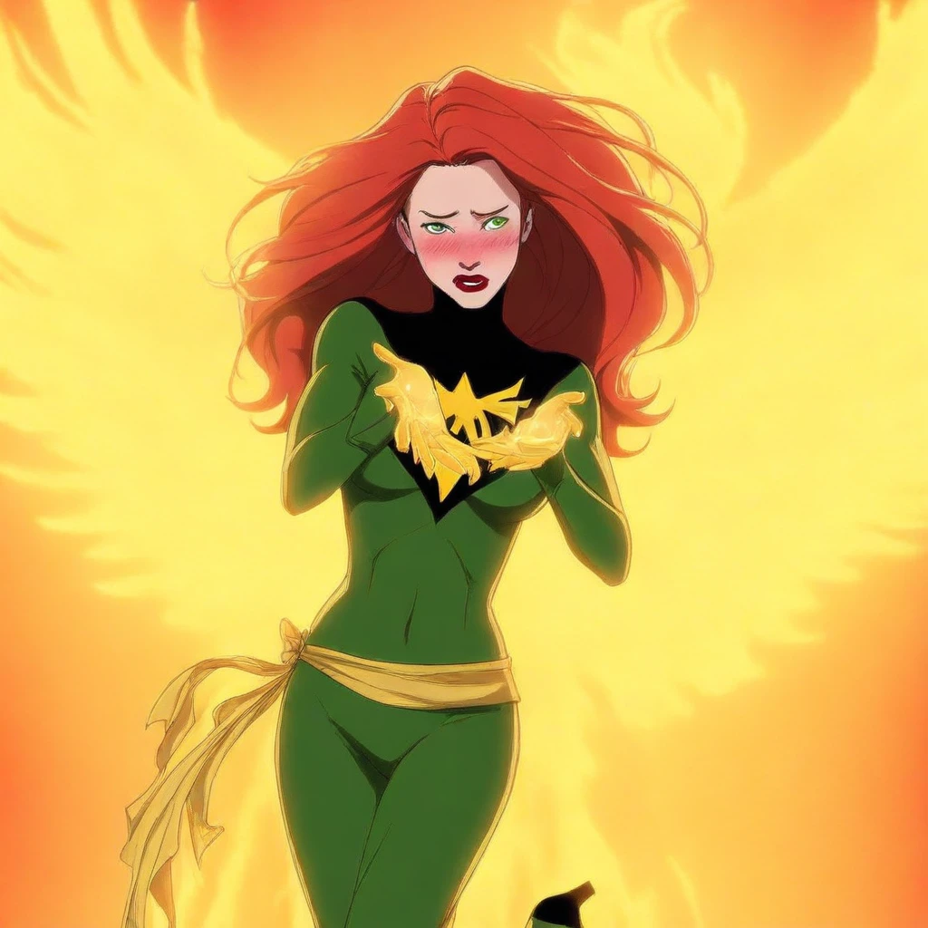 END_JnGR3Y, 1girl, solo, long hair, looking at viewer, thighhighs, gloves, , green eyes, red hair, boots, elbow gloves, lips, , makeup, thigh boots, fire, clenched hand, skin tight, cropped legs, magic, superhero, thigh boots, yellow gloves, yellow thighhighs, green , yellow , yellow belt, phoenix symbol, yellow waist ribbon, green , yellow boots  BREAK PonyXLV6_Scores