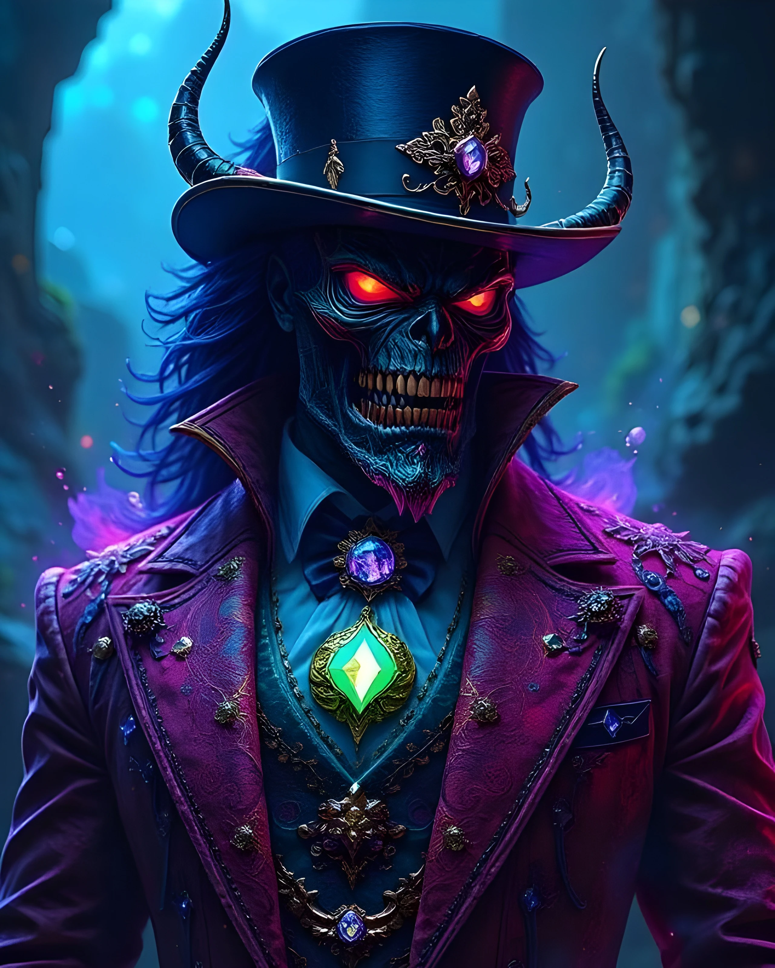 A skeletal figure with glowing red eyes and a sinister grin wears an elaborate purple and black outfit with intricate details. The character sports a tall black top hat adorned with a decorative brooch and has long, blue hair. Horns protrude from the sides of the hat, adding to the menacing look. The outfit features multiple gemstones, including a green diamond-shaped pendant and purple accents, set against a dark, mystical background. The ethereal lighting enhances the ominous atmosphere.