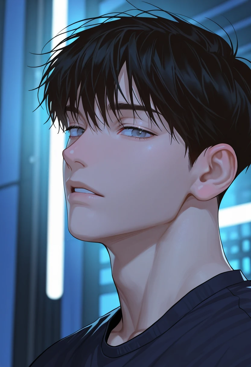 masterpiece, best quality, amazing quality, very aesthetic, high resolution, ultra-detailed, absurdres, depth of field, newest, scenery, dynamic angle, person focus, cinematic lighting , , , 1boy, solo, male focus, , <lora:male_typeA:1>, maleT, portrait, looking at viewer, black hair, bangs, grey eyes