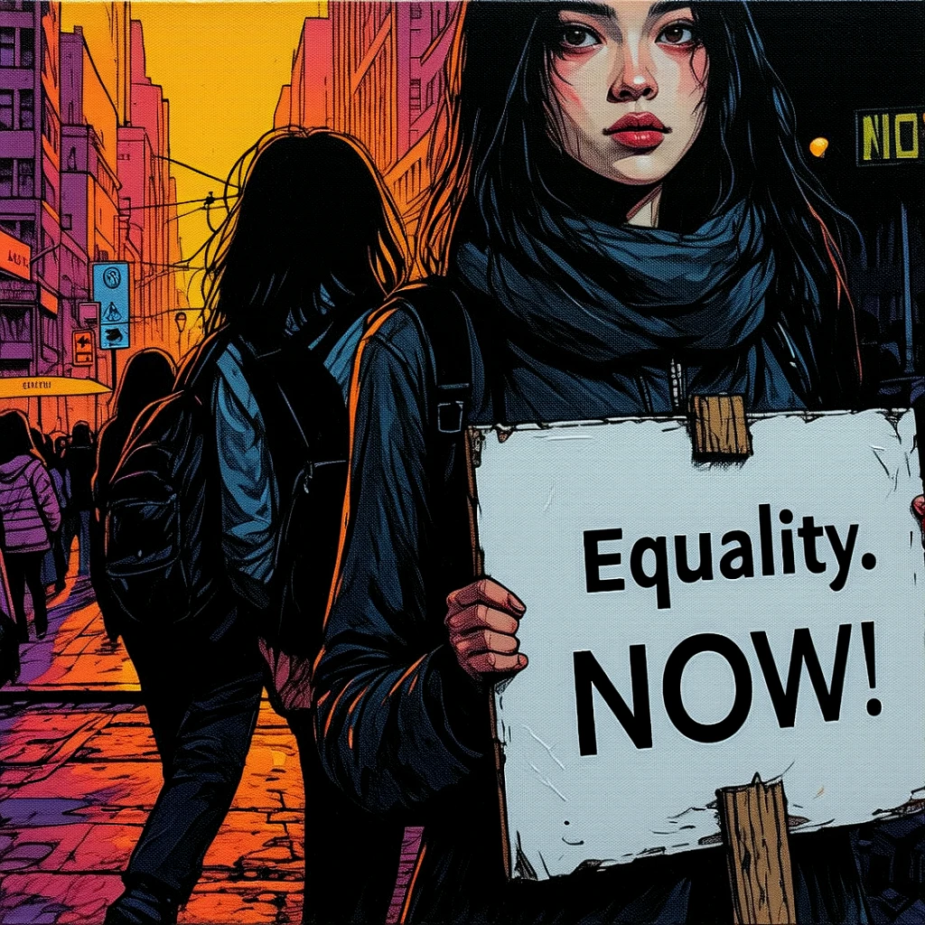An atmospheric painting.
A street protest. Signs read: "Equality. NOW!" Closeup of a woman with a sign.
neomngaCE_style
