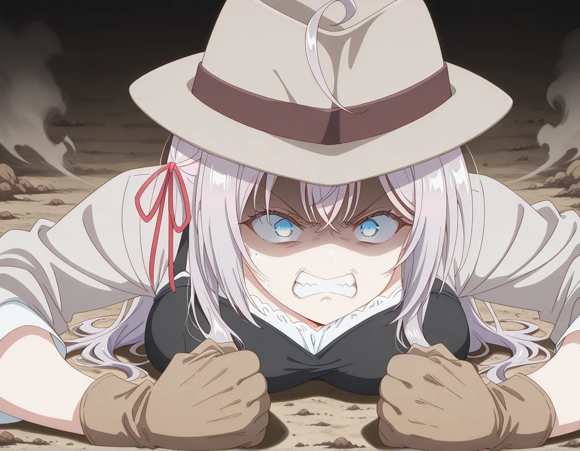 masterpiece, best quality, amazing quality,, <lora:alisa-mikhailovna-kujou-s1-illustriousxl-lora-nochekaiser:1>, alisa mikhailovna kujou, long hair, bangs, blue eyes, hair ribbon, ahoge, grey hair, red ribbon, mature female, breasts, anime screencap, <lora:joseph-joestar-son-of-a-bitch-illustriousxl-lora-nochekaiser:1>, joseph joestar son of a bitch, solo, gloves, hat, teeth, clenched teeth, meme, shaded face, angry, clenched fists, fedora, on floor, dirt, steam,, , ,