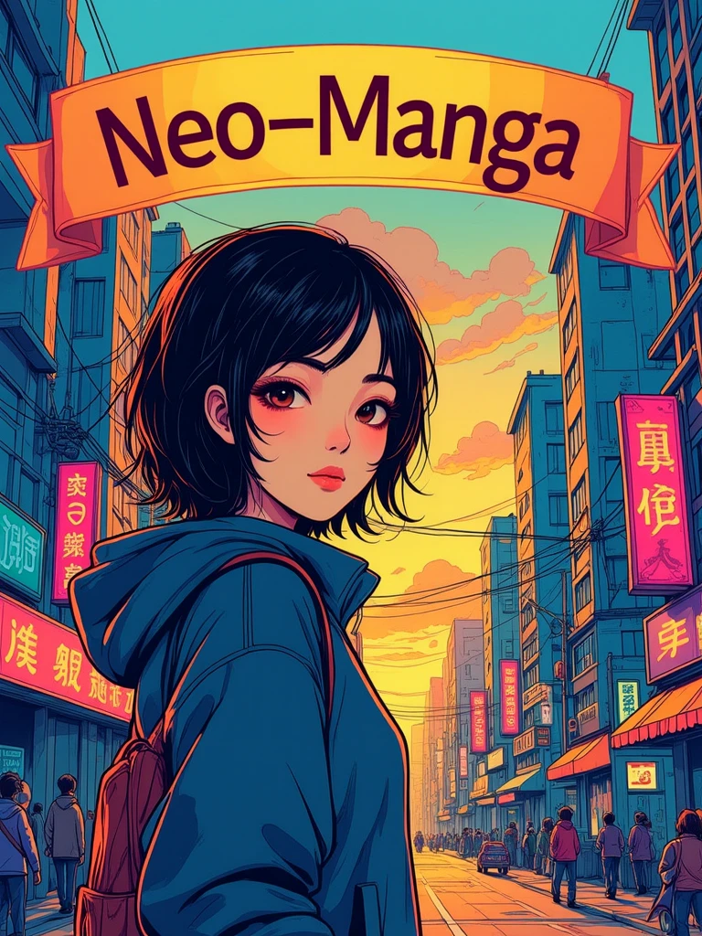 A ribbon banner title. Text: "Neo-Manga".
A painting of a young woman in the city.
neomngaCE_style