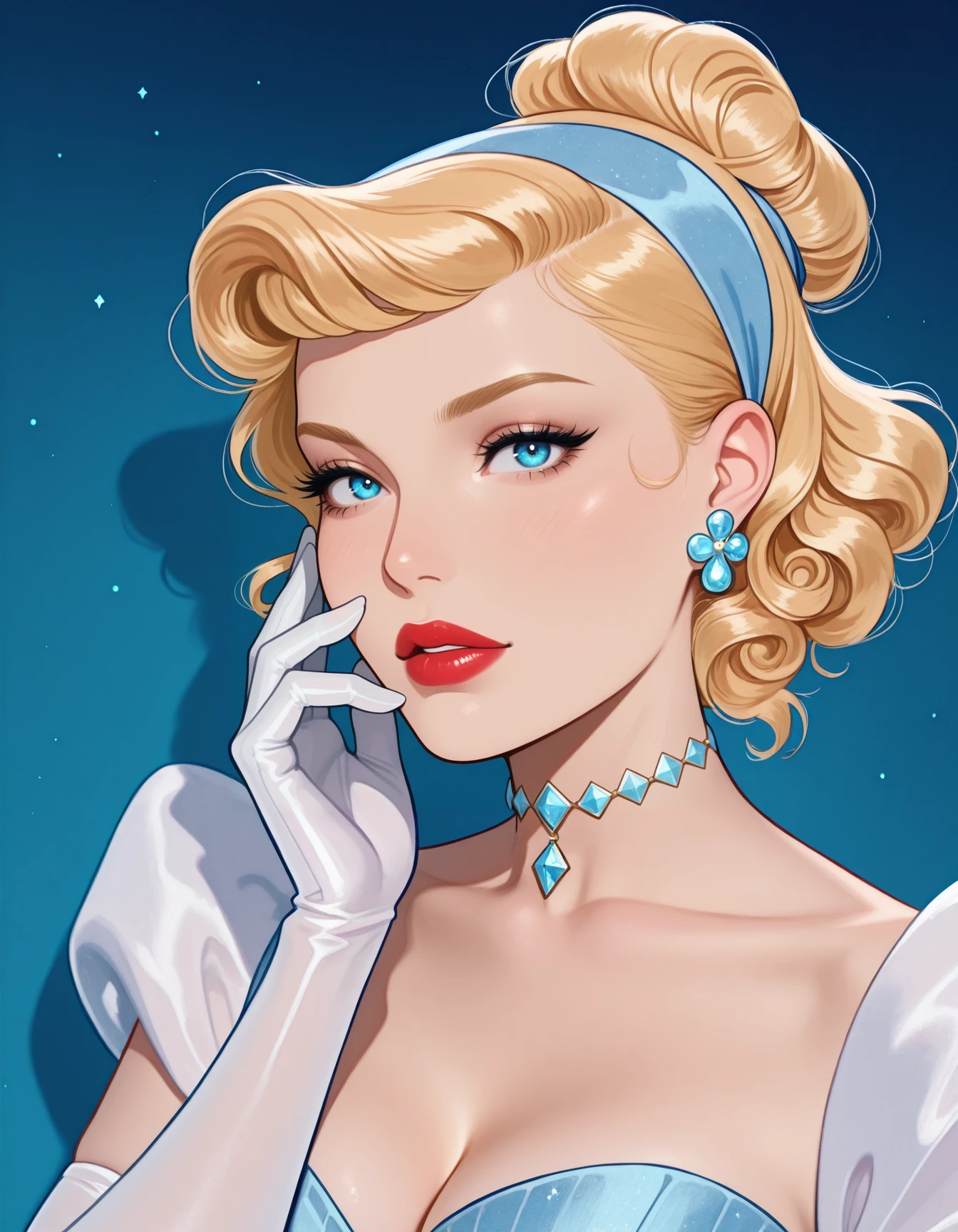1girl, solo, h41r, hair over one eye,  (side part), curled hair,  <lora:Hair_soph-HollywoodGlamHair-ILXL:1> red lips, earrings, parted lips, mole under eye, portrait, looking at viewer, close-up, mole under eye, diamond choker,  <lora:Char_disney-Cinderella-ILXL:0.85>  cinderellaxd, elbow gloves, blonde hair, choker, hair bun, blue dress, blue eyes, white gloves, single hair bun, blue hairband, earrings, jewelry, cleavage, collarbone, white sleeves <lora:Style_ecstatic-Wonderkind-ILXL:1> CW-Illu, hand to face, masterpiece, best quality, very aesthetic, newest