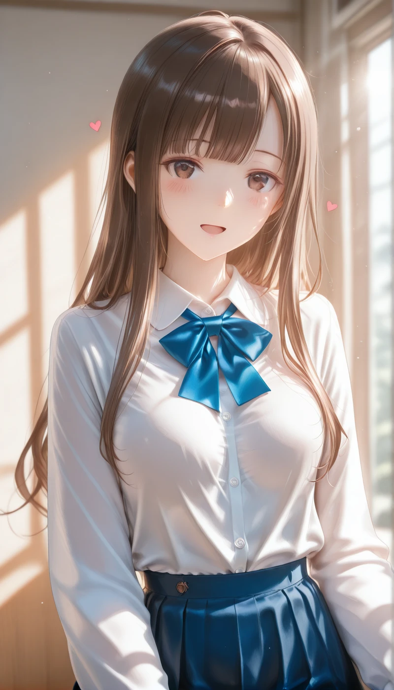 <lora:LCMTurboMix_Euler_A_fix:1> <lora:example_SDXL:0.3>, EZRealPONYXL, <lora:Dramatic Lighting Slider:3> <lora:realistic filter [IL]:1>
DSLR,realistic,cosplay photo, (very awa,masterpiece,best quality,year 2024,newest,absurdres,highres:1), realistic,skin texture,facial features, photography shot with Canon EOS 5D Mark IV , realistic, RAW, best quality, masterpiece, amazing quality, skin details,
1girl, highly detailed beautiful face, natural breasts,
detailed background, shiny skin, dutch angle, 
beautiful detailed eyes, intricate details, absurdres, anime screencap,
 <lora:MizumotoYukari_IdolMaster_ILXL_kill0825:1>
IMMizuYuka, 1girl, solo, long hair, breasts, looking at viewer, blush, smile, open mouth, shirt, skirt, brown hair, long sleeves, bow, very long hair, brown eyes, standing, school uniform, white shirt, upper body, heart, :d, pleated skirt, small breasts, collared shirt, day, indoors, bowtie, blunt bangs, blurry, blue skirt, window, dress shirt, blurry background, depth of field, blue bow, sunlight, blue bowtie, shirt tucked in, ribbon, sidelocks, cowboy shot