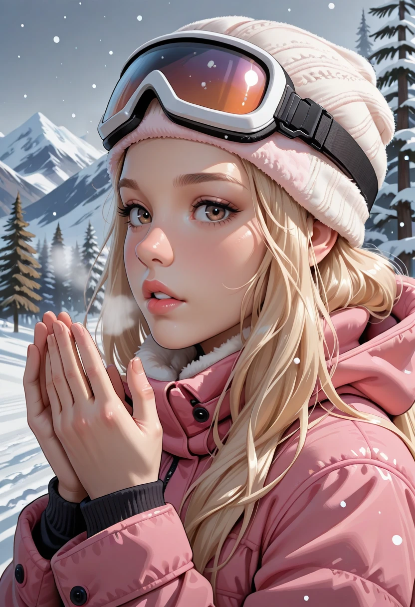 1girl, solo, blonde hair, , goggles, snow, parted lips, long hair, lips, ski goggles, mountain, tree, portrait, pink jacket, winter, snowing, , nose, from side, jacket, outdoors, breath, flush, platinum blonde, , warming hands, hands up, looking at viewer,