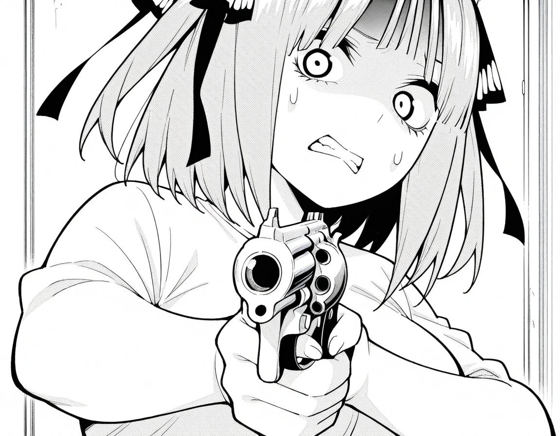 masterpiece, best quality, amazing quality,, <lora:nino-nakano-manga-illustriousxl-lora-nochekaiser:1>, nino nakano, nakano nino, short hair, bangs, hair ornament, hair ribbon, blunt bangs, two side up, butterfly hair ornament, monochrome, greyscale, mature female, breasts, <lora:misa-guido-okay-narancia-illustriousxl-lora-nochekaiser:1>, misa guido okay narancia, solo, looking at viewer, holding, weapon, holding weapon, gun, parody, holding gun, handgun, aiming, nervous, teeth, shaded face, clenched teeth, revolver,, , ,