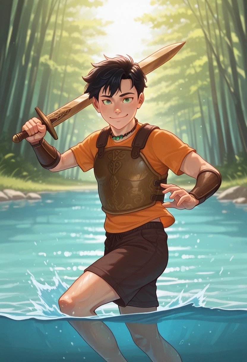 masterpiece, high quality, best quality, amazing quality, very aesthetic, absurdres, ultra-detailed, extremely detailed, realistic, volumetric lighting, (male focus, male only), day, depth of field, JackDraws, solo,
1boy, PercyJackson, Black Hair, Green Eyes, Bead Necklace, Orange T-Shirt, breastplate, bracers, shorts, Bronze Sword, holding sword, smug smile, water partially submerged, action pose, dynamic pose, masterpiece, best quality, amazing quality, very aesthetic, absurdres, newest, very awa, nude, cute boy, lean, athletic, runner build, photo-realistic detail, atmosphere focused, expressive lighting