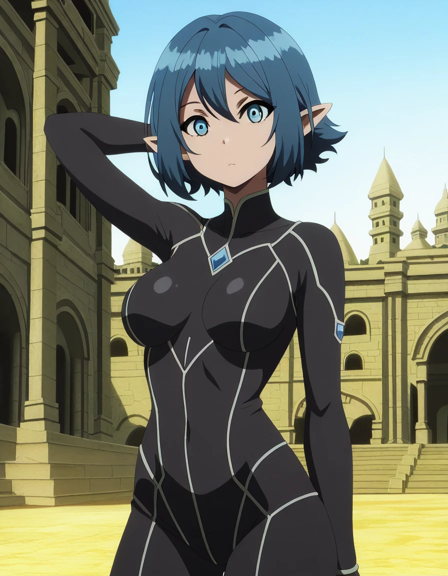 masterpiece, best quality, amazing quality,, <lora:no664-s1-illustriousxl-lora-nochekaiser:1>, no664, short hair, blue eyes, blue hair, pointy ears, elf, mature female, medium breasts, anime screencap, bodysuit, black bodysuit,, hand behind head, , Man-made, architecture, structures, civilization, urban, cowboy shot, solo, looking at viewer,
