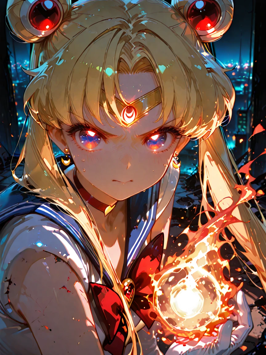 masterpiece, best quality, top quality, good quality, newest, highres, absurdres,
BREAK
very awa, absolutely eye-catching, illustration, CG,
BREAK
perfect composition, eye reflection, (gradient eyes:1),
BREAK
1girl, Usagi Tsukino, sailor moon, determined, magic, glowing magic, dark background, magic, glowing, destroyed city, fire, expressive eyes, anger, depth of field,
masterpiece, good quality, very aesthetic, absurdres, newest,