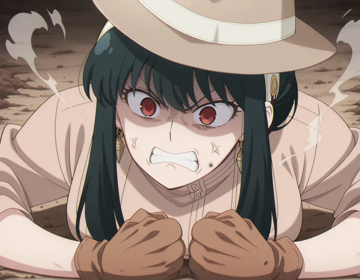 masterpiece, best quality, amazing quality,, <lora:yor-briar-s1-illustriousxl-lora-nochekaiser:1>, yor briar, black hair, red eyes, earrings, white hairband, hairband, long hair, sidelocks, mature female, breasts, anime screencap,, <lora:joseph-joestar-son-of-a-bitch-illustriousxl-lora-nochekaiser:1>, joseph joestar son of a bitch, solo, gloves, hat, teeth, clenched teeth, meme, shaded face, angry, clenched fists, fedora, on floor, dirt, steam,, , ,