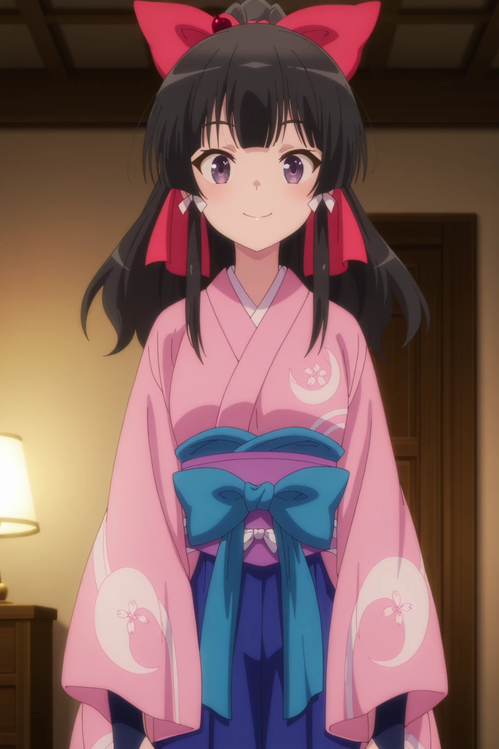 4k, ultra-detailed, absurdres, high resolution, beautiful lighting, cinematic composition, sharp focus, newest, (masterpiece:1.3), (best quality:1.3), (anime screencap:1.5),
highly detailed shading, soft shading, glossy skin, realistic proportions, petite, smiling,
cowboy shot,
front view, standing, looking at viewer,
indoor, bedroom, soft lighting, blurred background,
<lora:susamix010-pony:0.6> (anime coloring),  <lora:Yae_Kokonoe__Isekai_Smartphone:1>yaedefault, (medium breasts)